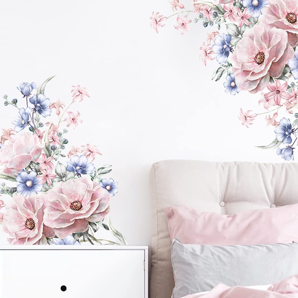 Runtoo Pink Peony Flower Wall Decals - Floral Wall Stickers for Living Room, Girls Bedroom & Nursery Decor | Perfect for Home, Office & Wedding Wall Art