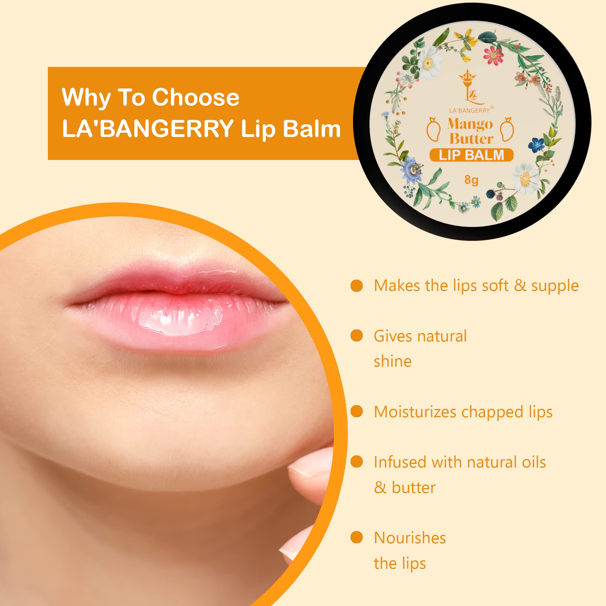 LA'BANGERRY 100% Natural Mango & Cocoa Butter Lip Balm for Dry, Cracked Lips - Hydrating & Soothing Lip Conditioner for Men & Women (Pack of 2, 8g Each) - Perfect for Winter Care, Daily Moisturizing & On-the-Go Lip Protection