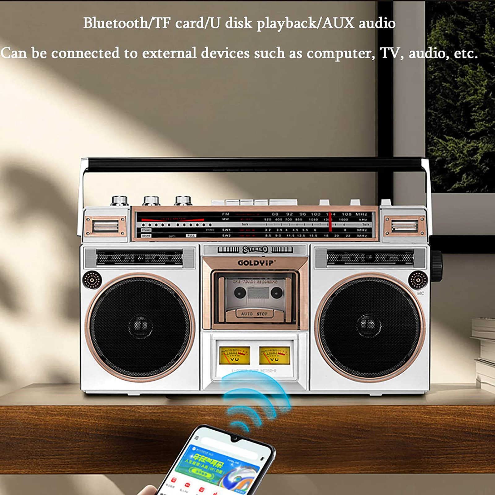 80s Retro Bluetooth Boombox with CD Player, Cassette Tape Recorder & FM Radio - Portable Speaker with Bluetooth 5.0, USB/TF Card Support, Dual Audio Playback - Perfect for Home Parties, Outdoor Gatherings & Travel Adventures
