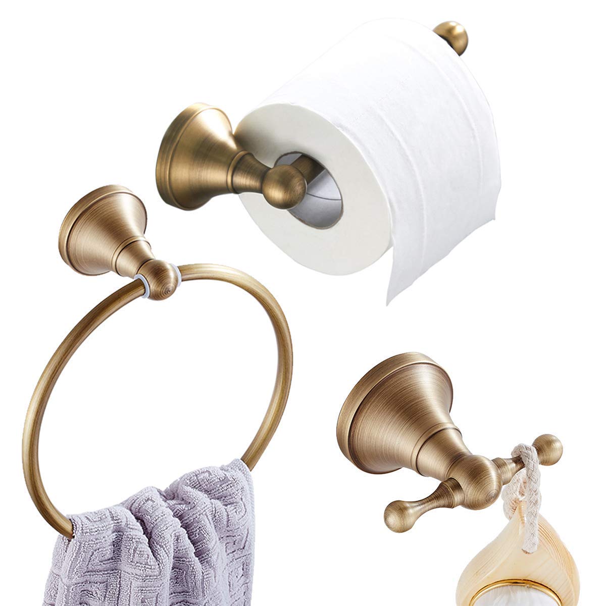 Flybath 3-Piece Bathroom Set - Antique Brass Toilet Paper Holder, Round Towel Ring & Wall Mounted Hook | Brushed Bronze Finish | Perfect for Powder Rooms, Guest Bathrooms & Master Suites