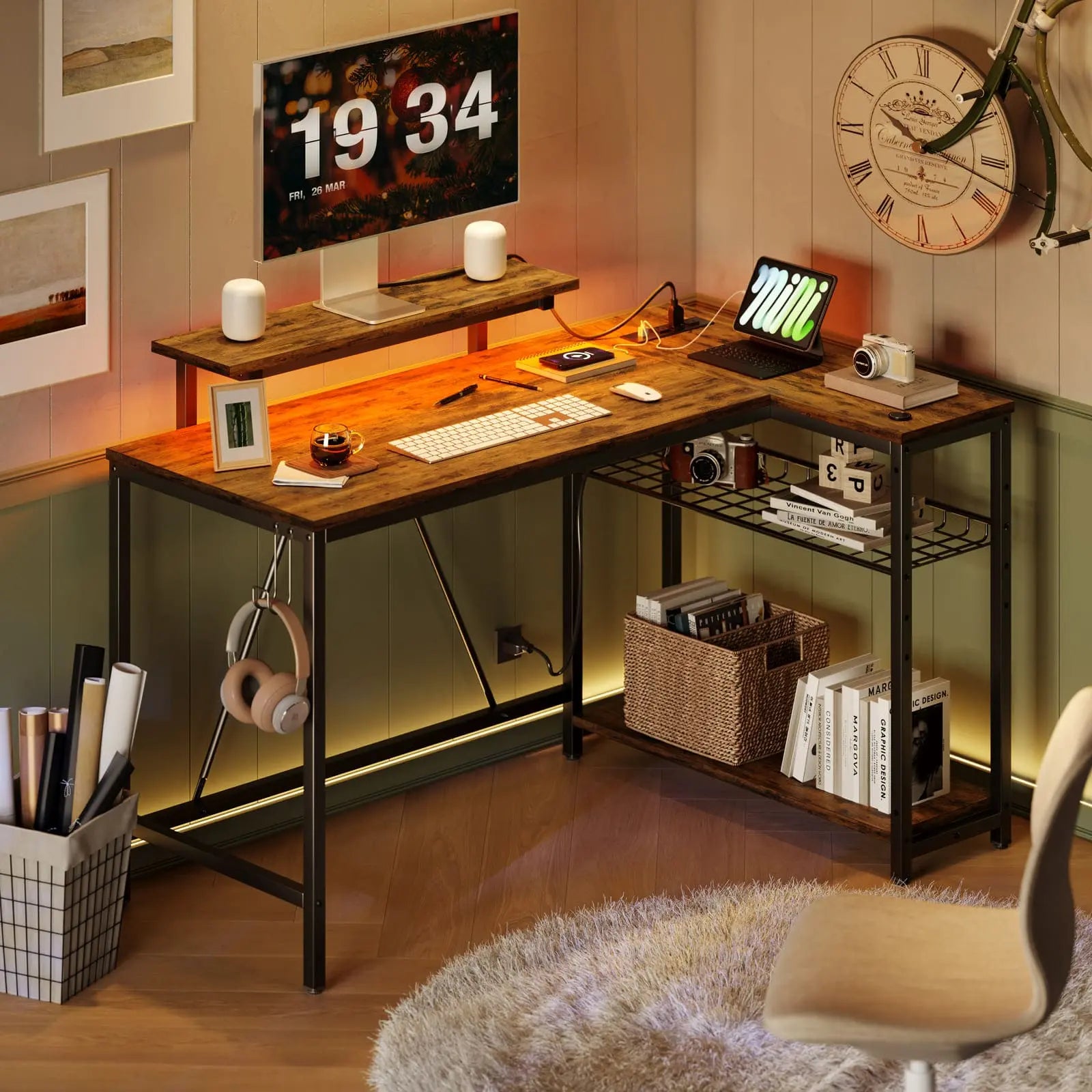 Bestier 48 Inch L-Shaped LED Gaming Desk with Monitor Stand - Ergonomic Computer Workstation for PC Gamers & Home Office Setup