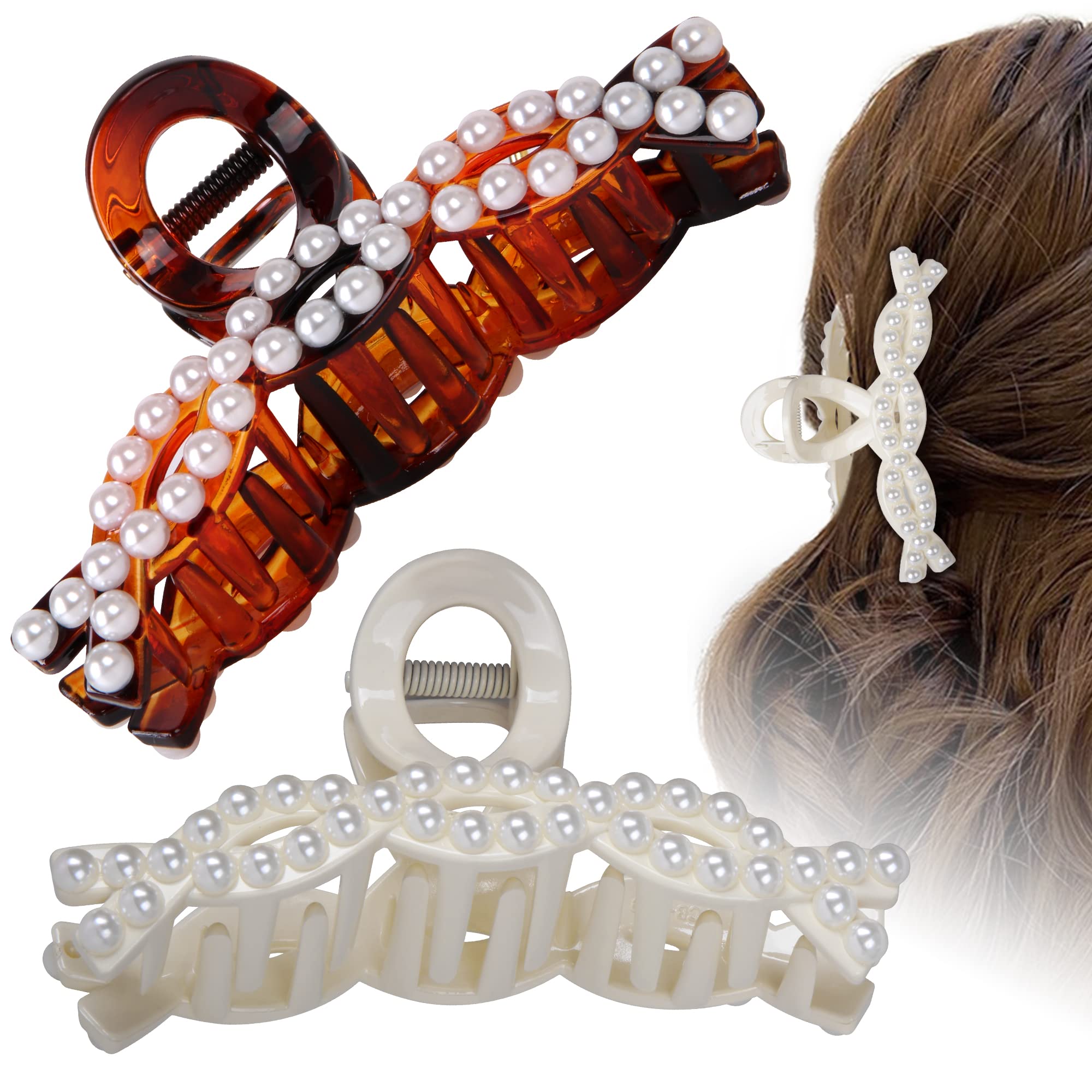 Large Pearl Hair Clips for Women - 4.3 Inch Non-Slip Jaw Clamps for Thick & Thin Hair (2 Pack, Resin & White) - Perfect for Updos, Ponytails & Everyday Styling