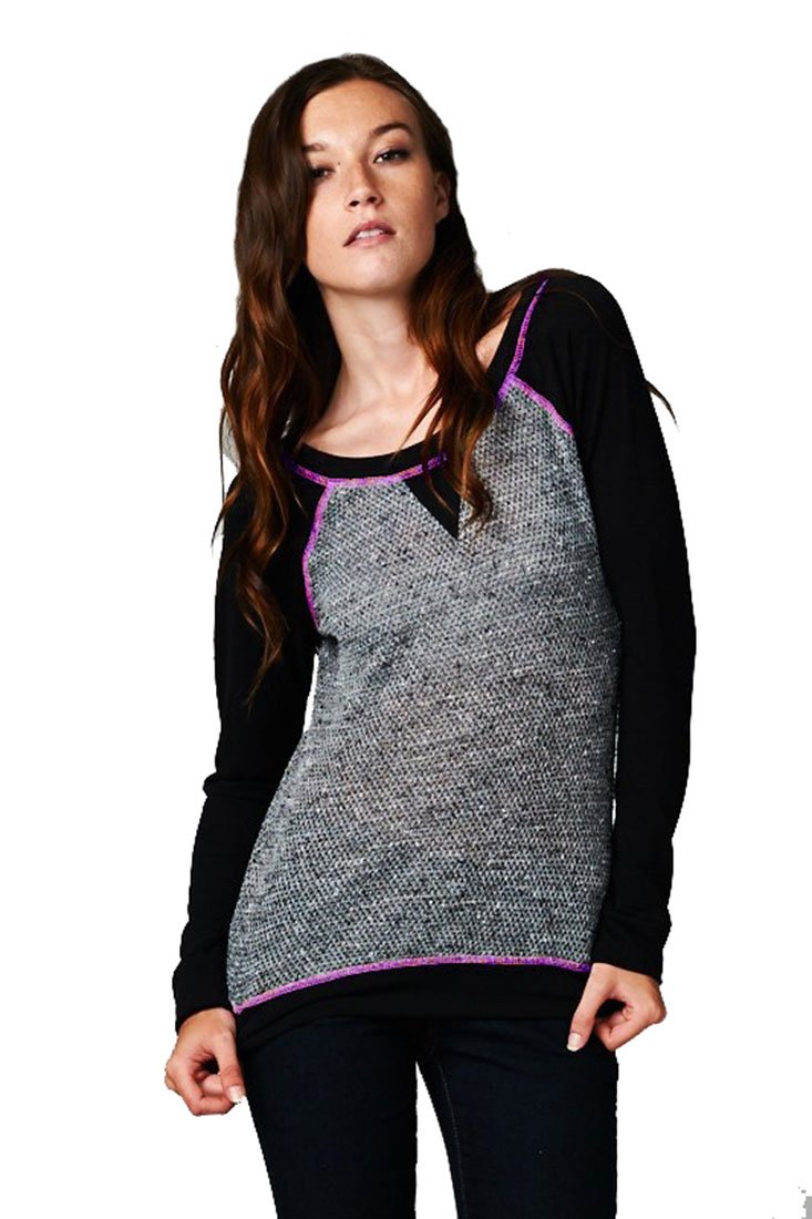 French Terry Long Sleeve Neon Accent Shirt Top for Women | Soft Casual T-Shirt with Stylish Neon Trim | Perfect for Workouts, Yoga & Everyday Wear