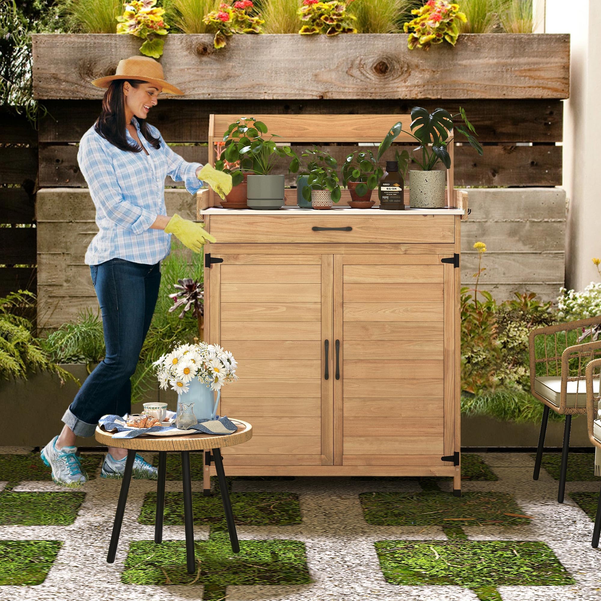 YITAHOME Solid Wood Outdoor Potting Bench with Storage Cabinet & Drawer - Rustic Garden Work Table with Galvanized Metal Top for Planting & Organizing - Perfect for Backyard Gardening, Greenhouse & Outdoor Workspace
