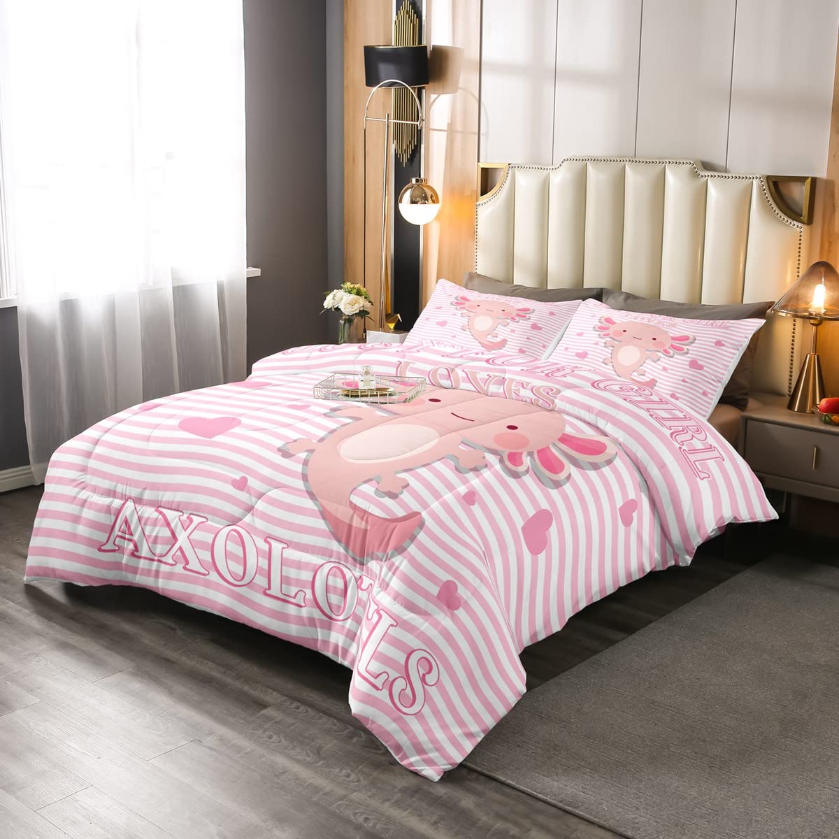 Cute Pink Axolotl Comforter Set - Queen Size Soft Down Bedding with Cartoon Axolotl Design, Geometric Stripes & Kawaii Animal Print - Perfect Gift for Girls, Women & Kids - Ideal for Bedroom Decor, Reptile Lovers & Kawaii Style Enthusiasts