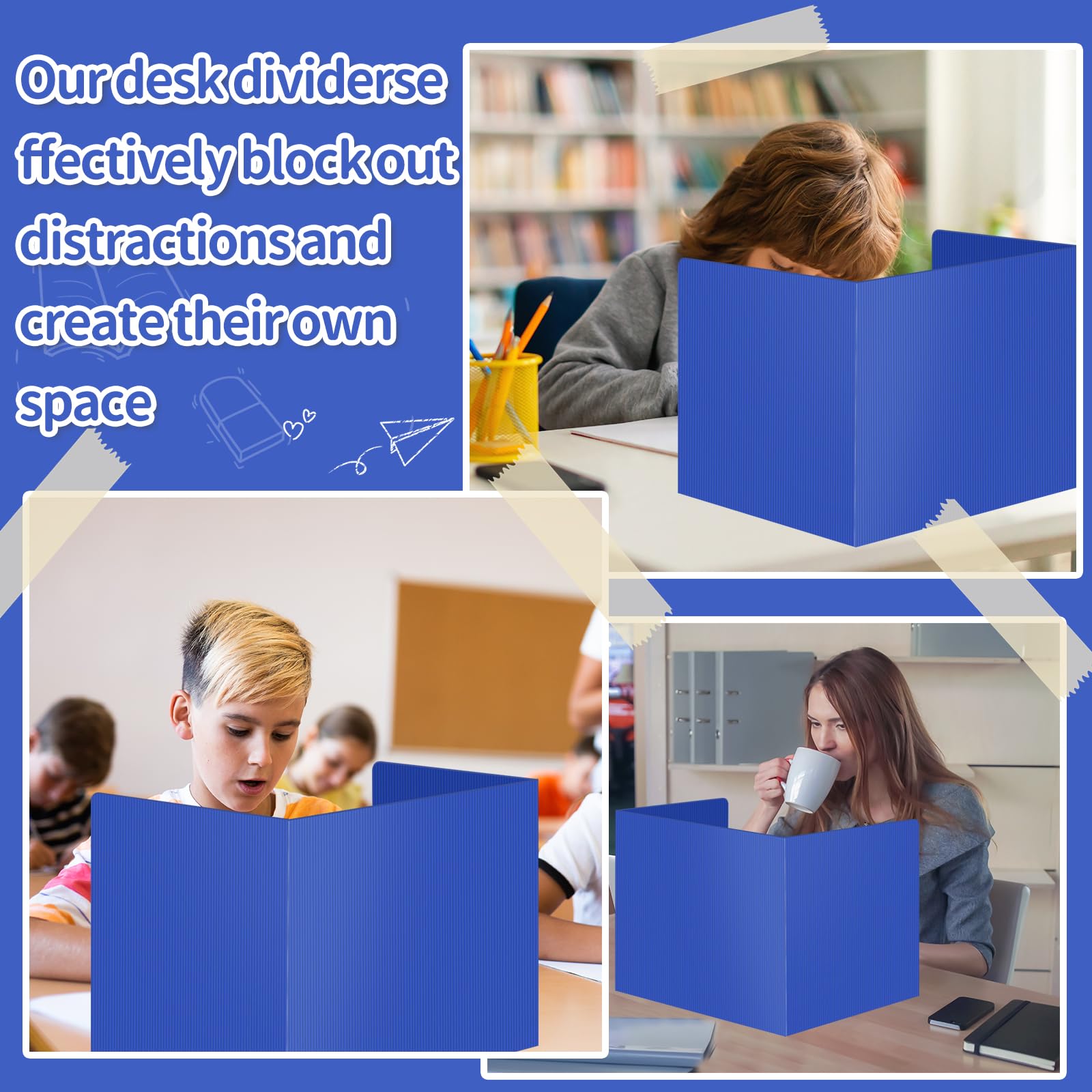 4-Pack Blue Plastic Desk Dividers for Students & Teachers - Privacy Folders, Classroom Test Partitions, Trifold Privacy Boards - Ideal for School, Study, and Exam Privacy (Blue)