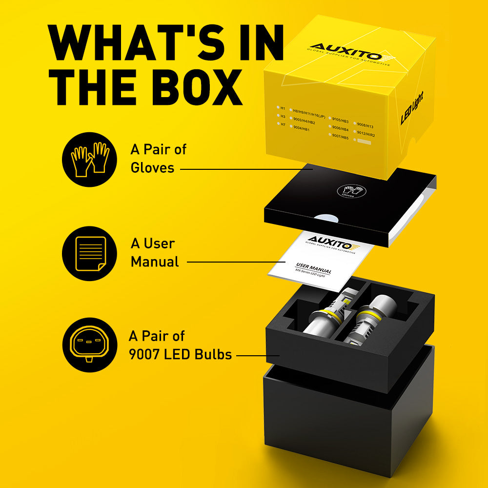 AUXITO 9007 LED Headlight Bulbs - 9000LM Super Bright 800% Brighter 6500K Cool White - Wireless 1:1 Mini Size HB5 Replacement Bulbs - Pack of 2 - Perfect for Night Driving & Off-Road Vehicles