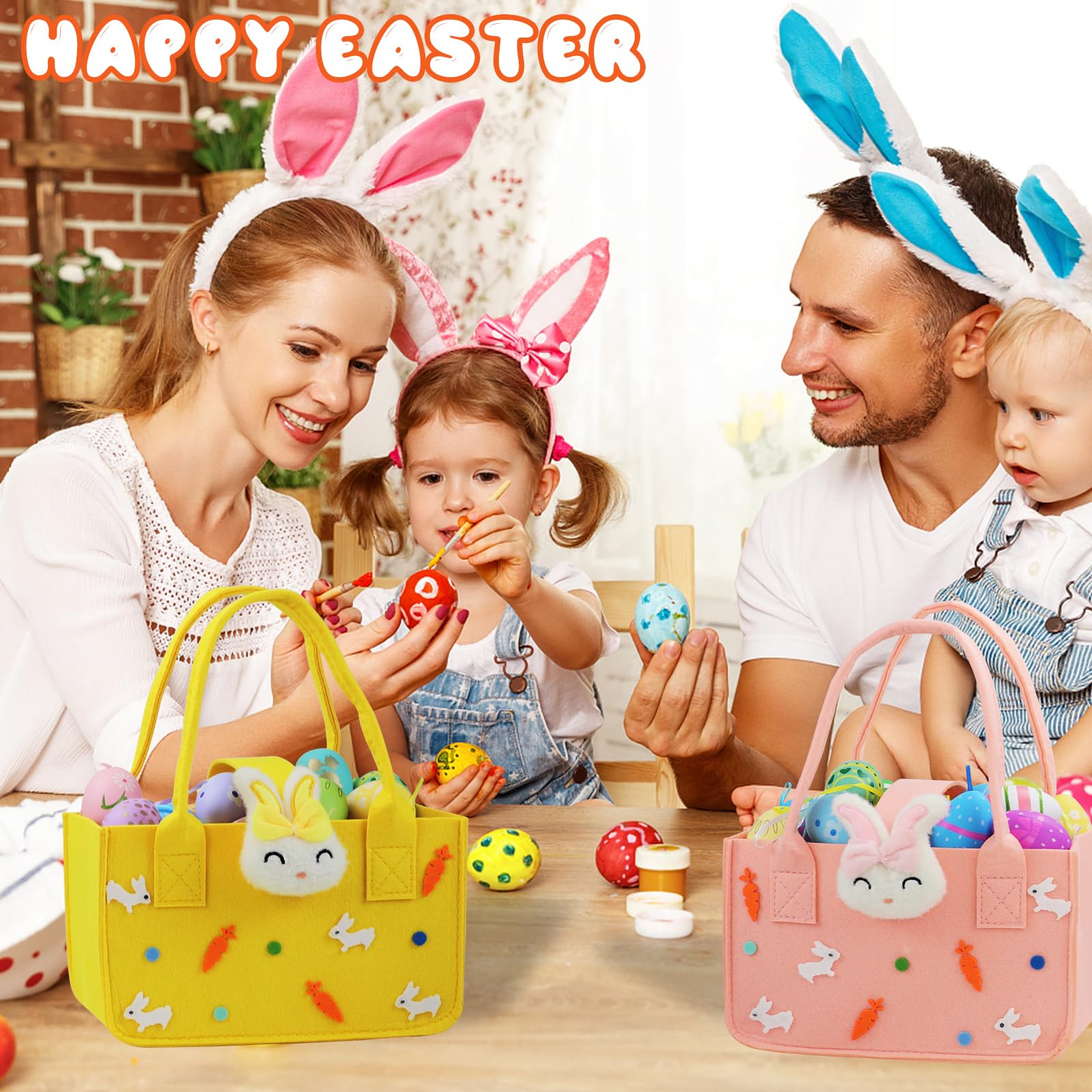 Easter Baskets with Handles - 4 Pack Reusable Felt Bunny Tote Bags for Easter Egg Hunt, Party Favors, Gift Wrapping & Easter Decorations - Perfect for Kids Easter Party, Spring Celebrations & Holiday Gift Giving