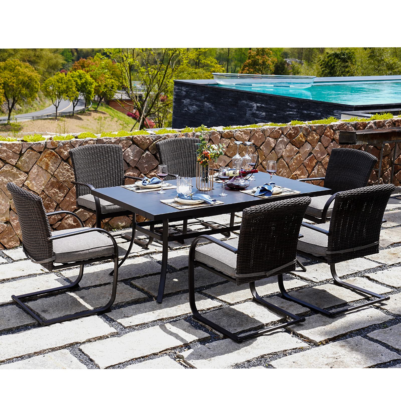 6-Piece Outdoor Wicker Dining Set with Cushions - Patio Furniture Chairs for Garden, Poolside, Backyard & Lawn - Gray Rattan Spring Patio Seating - Perfect for Outdoor Entertaining & Relaxation