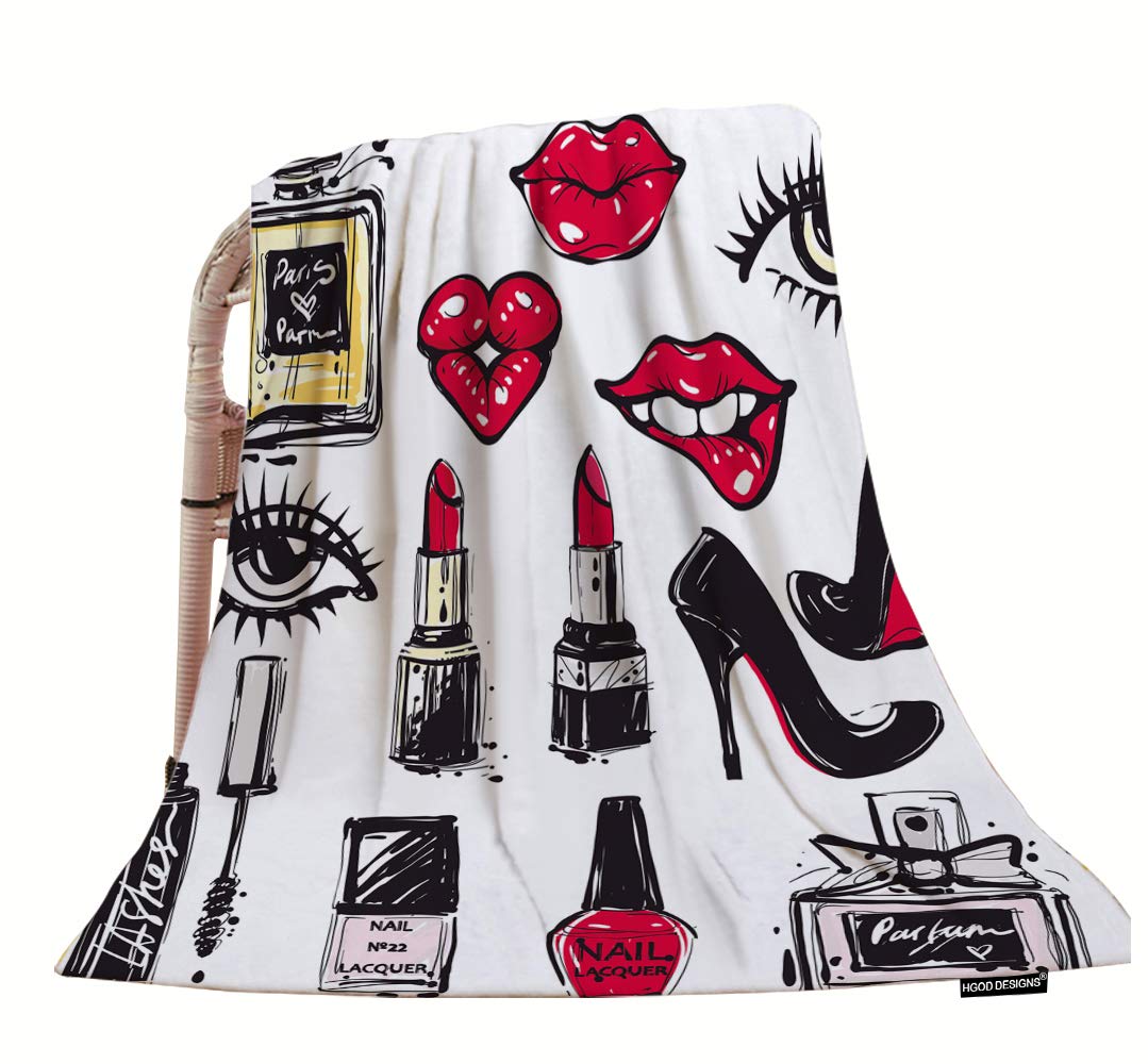 HGOD DESIGNS Fashion Sketch Throw Blanket - Hand Drawn Lips, Eyes, Heels & Cosmetics Design - Soft Warm Decorative Blanket for Bed, Sofa, Couch (30x40 Inches) - Perfect for Home Decor, Gift Giving & Cozy Nights