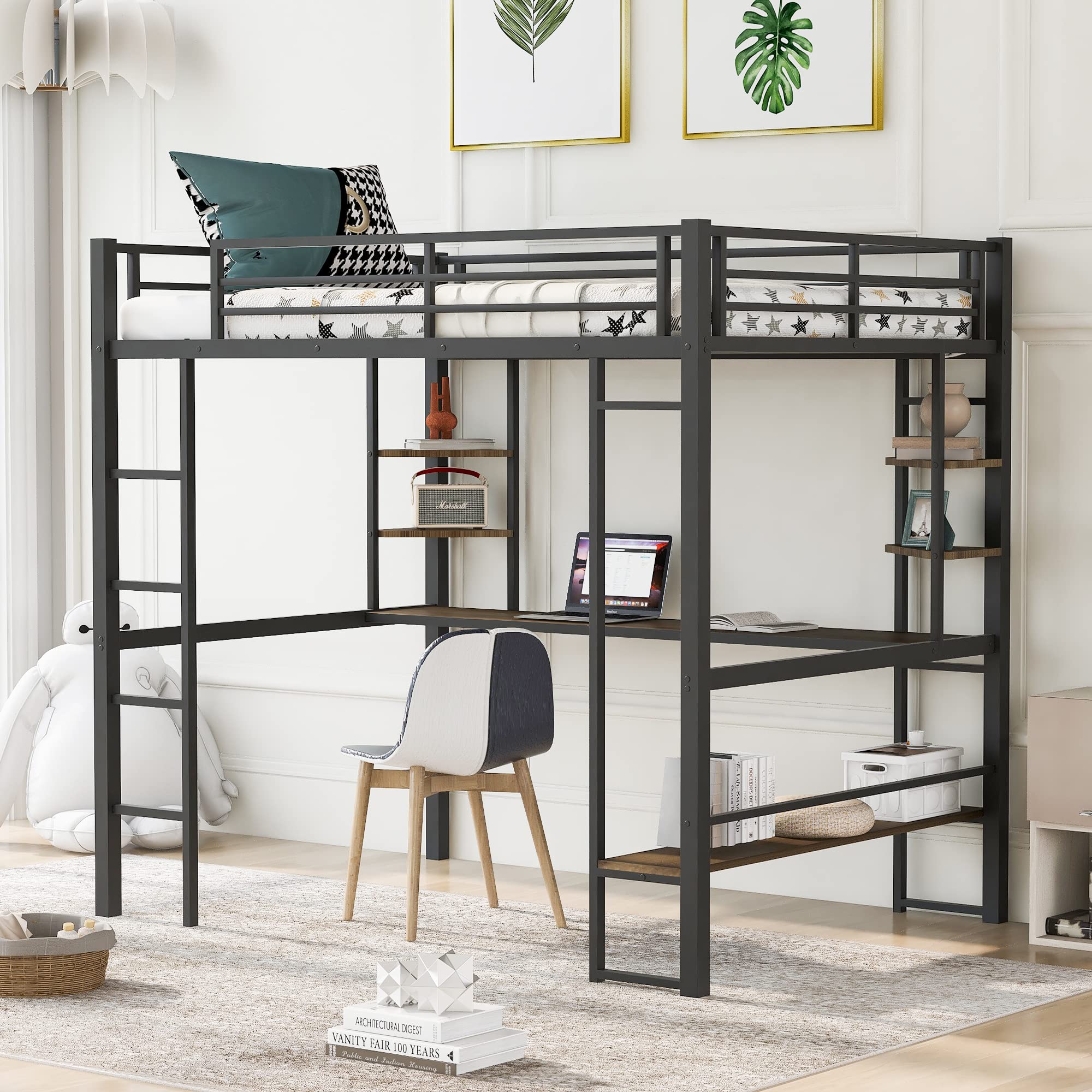 Harper & Bright Designs Full Metal Loft Bed with Long Desk - Heavy Duty Full Size Loft Bed with Storage Shelves for Kids, Teens & Adults - Space Saving Bedroom Furniture for Small Rooms, Dorms & Apartments (Full, Black)