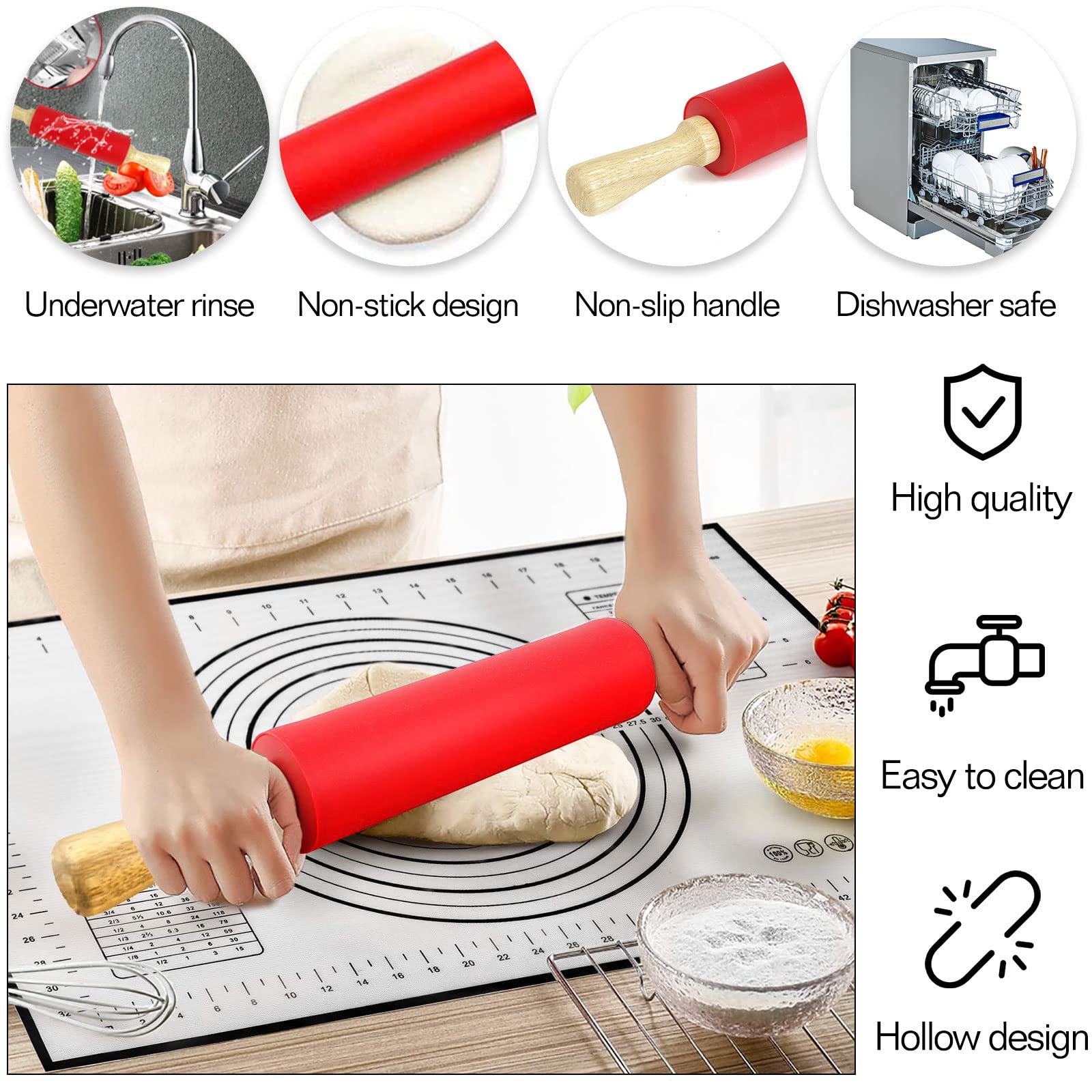 Non-Stick Silicone Rolling Pin with Wooden Handle - 17 Inch Professional Dough Roller for Pastry, Pizza & Fondant | Includes Smooth Baking Mat | Perfect Kitchen Gift for Bakers & Home Cooks | Ideal for Baking, Cookie Making & Cake Decorating