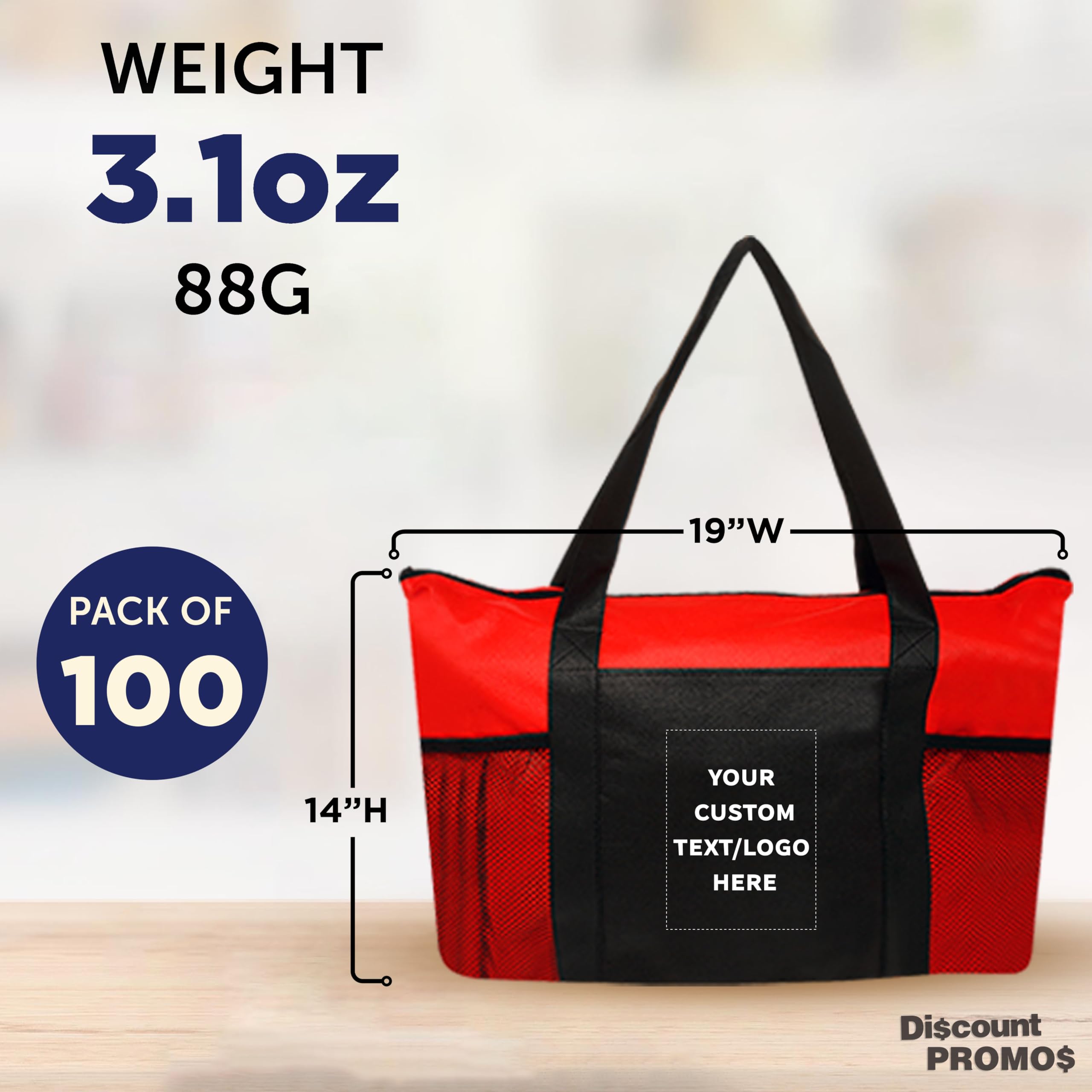 100 Pack Customizable Zippered Non-Woven Tote Bags with Mesh Pocket - Eco-Friendly Reusable Shopping Bags (19