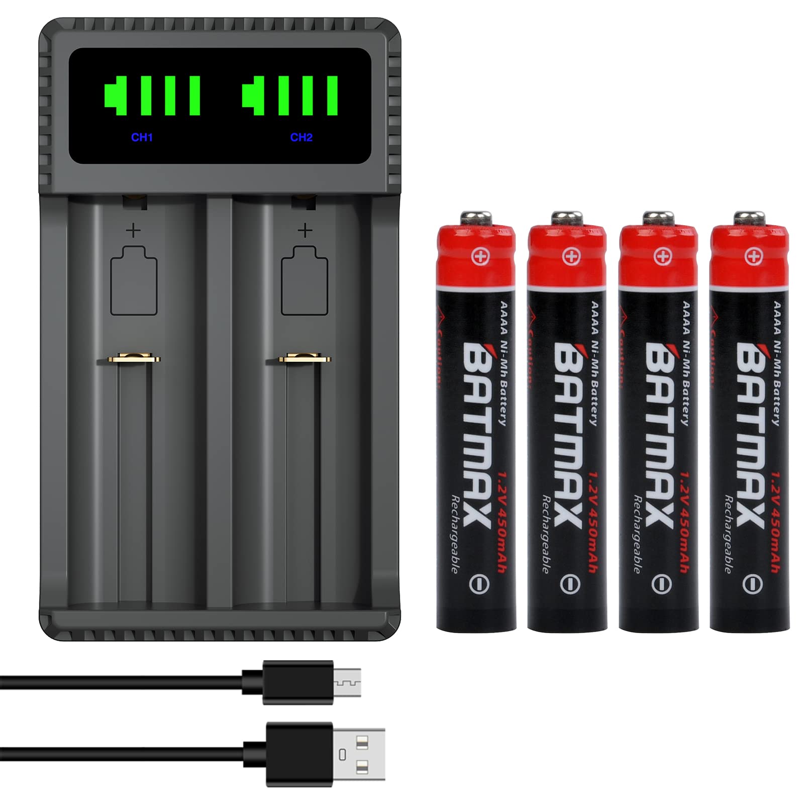 Batmax 4X AAAA Ni-MH Rechargeable Batteries with LED Dual USB Charger (Type C Port) - Compatible with Surface Pen, Active Stylus, and More | Supports A, AA, AAA, AAAA, N, C Size Batteries | Perfect for Office, Home, and Travel Use
