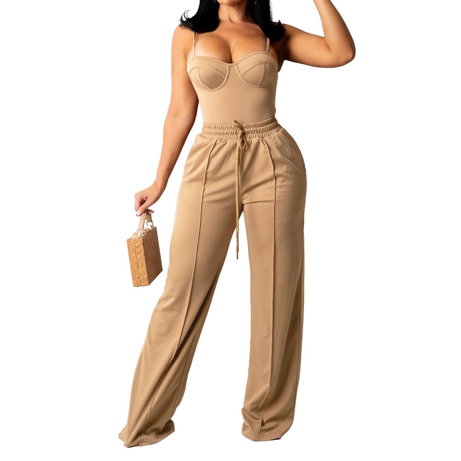 PINSV Women's Casual Wide Leg Sweatpants - High Waisted Elastic Drawstring Lounge Pants with Straight Leg for Comfort & Style - Perfect for Yoga, Running, Travel & Home Relaxation