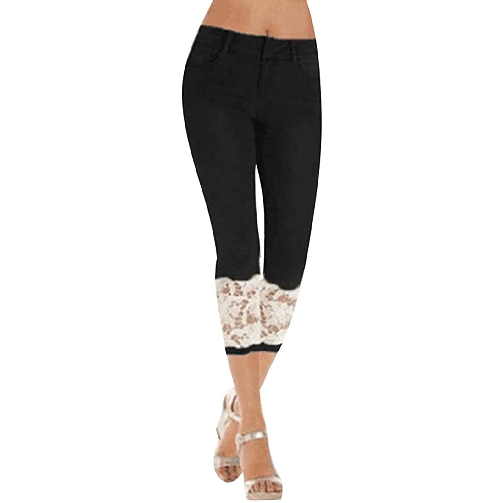 Women's Stretch Skinny Jeans - Slim Fit Cropped Denim Pants with Lace Detail for Casual Wear & Everyday Outfits
