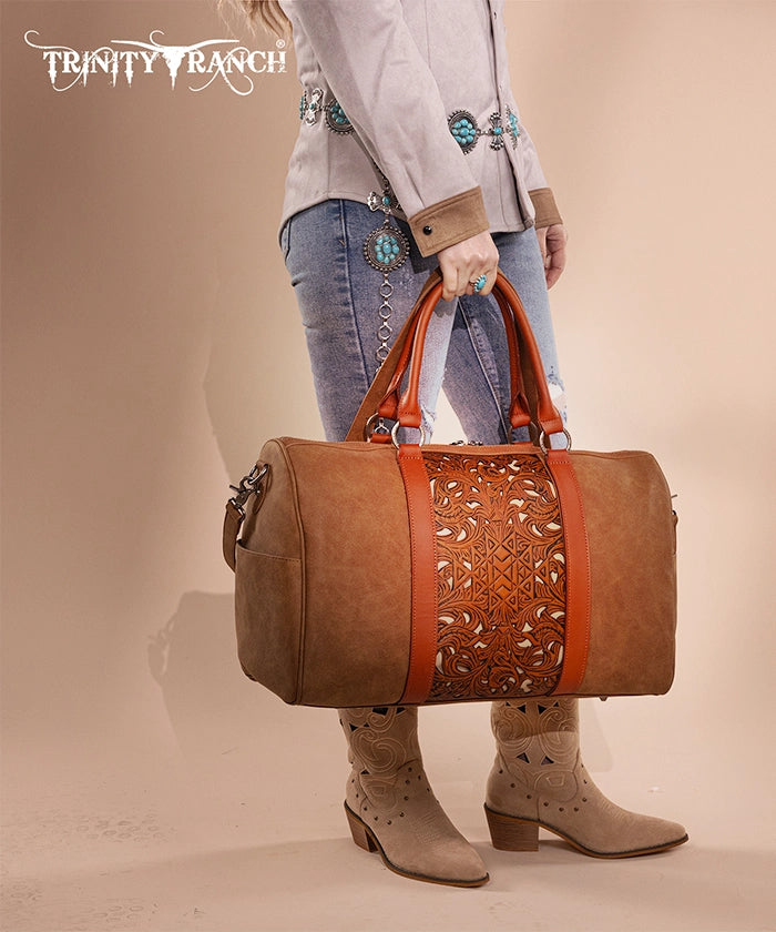 Trinity Ranch Aztec Tooled Leather Weekender Bag - Stylish Travel Duffel for Women & Men - Perfect for Weekend Getaways, Gym, Work & Overnight Trips