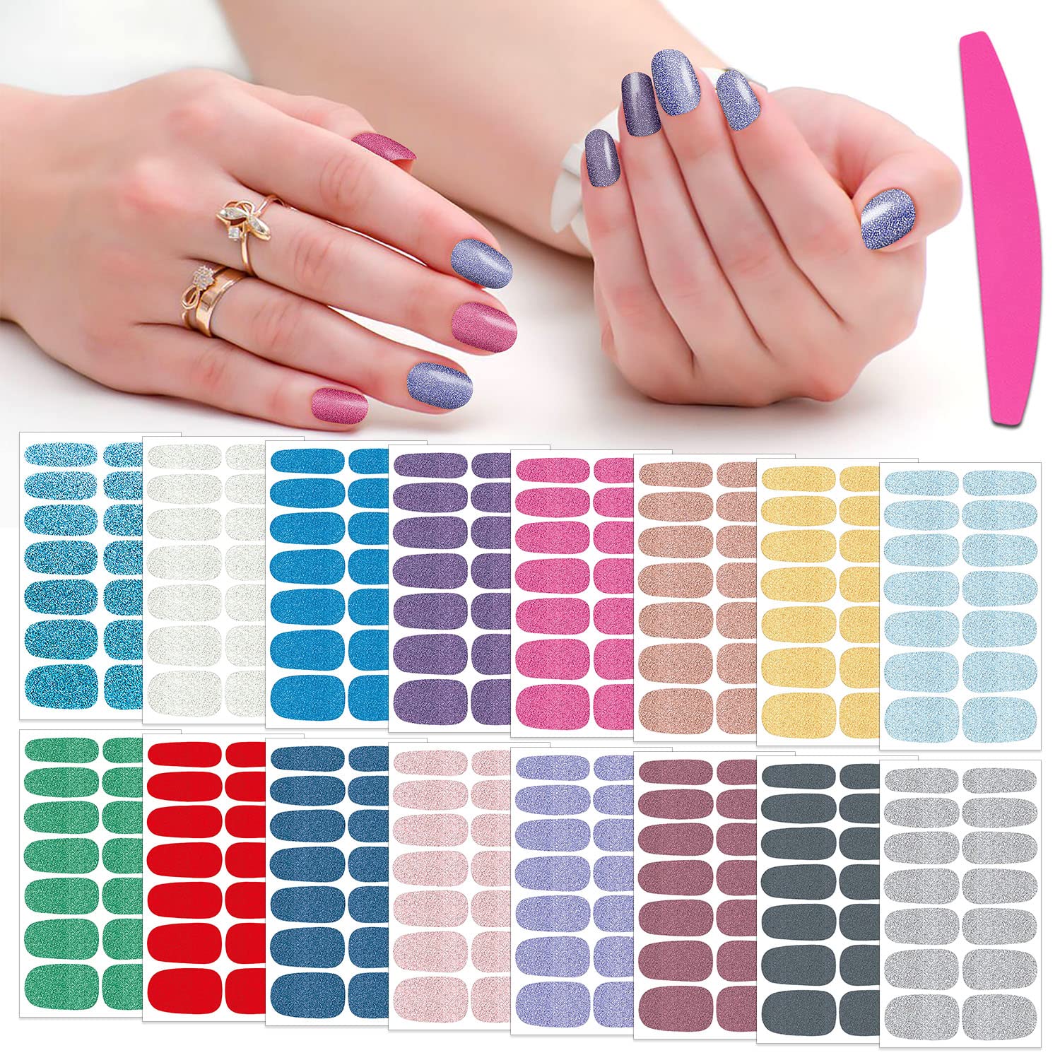 SILPECWEE Glitter Nail Polish Strips for Women - 16 Self-Adhesive Gel Nail Wraps with Nail File - Easy DIY Nail Art Stickers for Parties, Weddings & Everyday Manicures