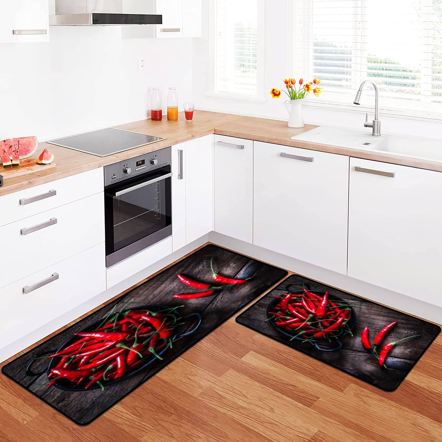 Non-Slip Washable Kitchen Rugs Set - Red Chili Peppers Design on Rustic Wooden Table, Anti-Fatigue Floor Mat for Cooking & Decor - Perfect for Kitchen, Entryway, Bathroom & High-Traffic Areas