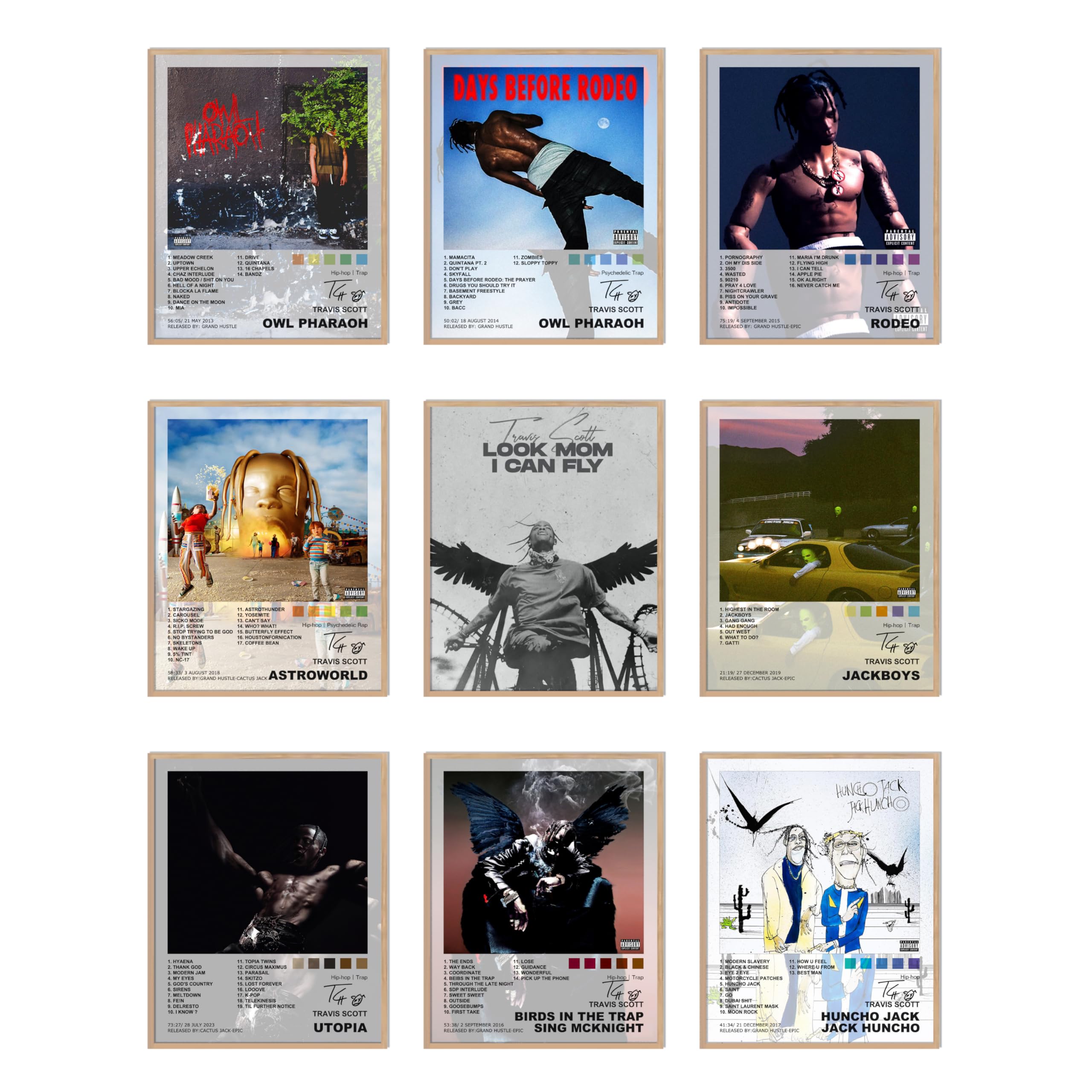 Travis Scott Poster Set of 9 - 8x10 Inch Album Cover Wall Art for Bedroom, Gym, Office & Dorm Decor | Perfect Gift for Music Fans & Room Aesthetics