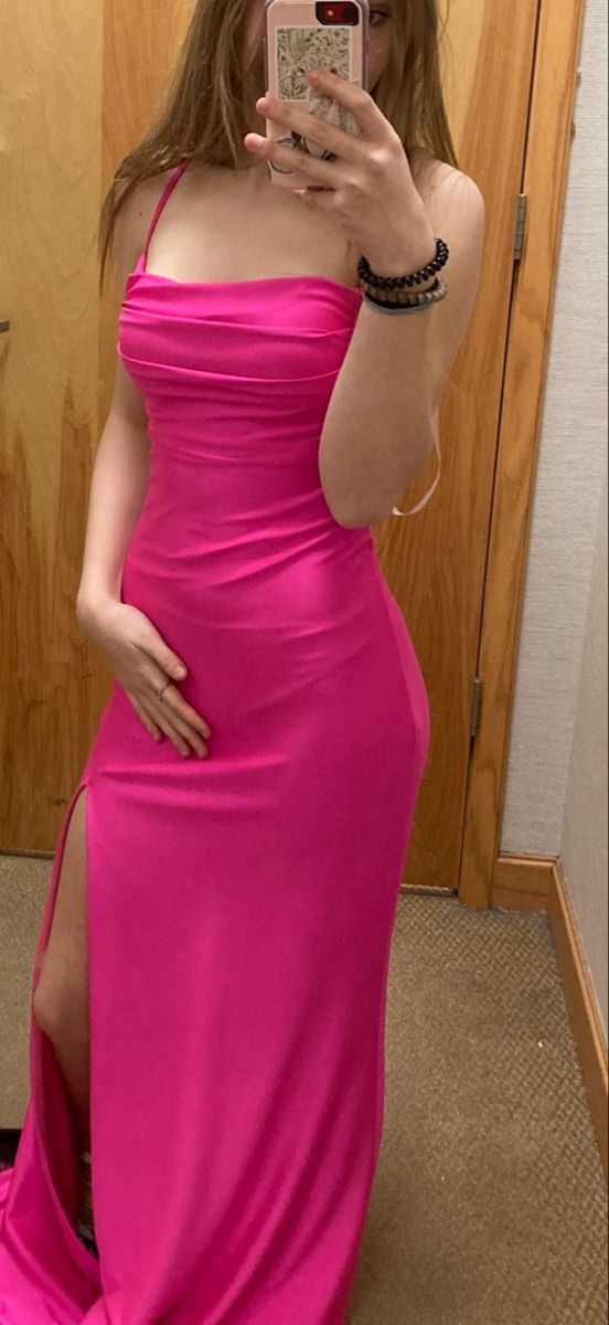 Elegant Hot Pink Spaghetti Strap Slit Sheath Prom Dress - J6117 | Perfect for Evening Gala, Homecoming, and Formal Events