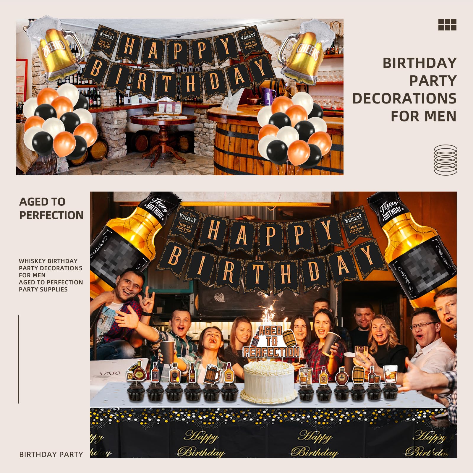 Whiskey Birthday Party Decorations for Men - Aged to Perfection Party Supplies Set with Banner, Garland, Tablecloth, Cake Toppers & Foil Balloons - Perfect for Dad's Whiskey Themed Celebration, 50th Birthday Party or Bourbon Lover's Event