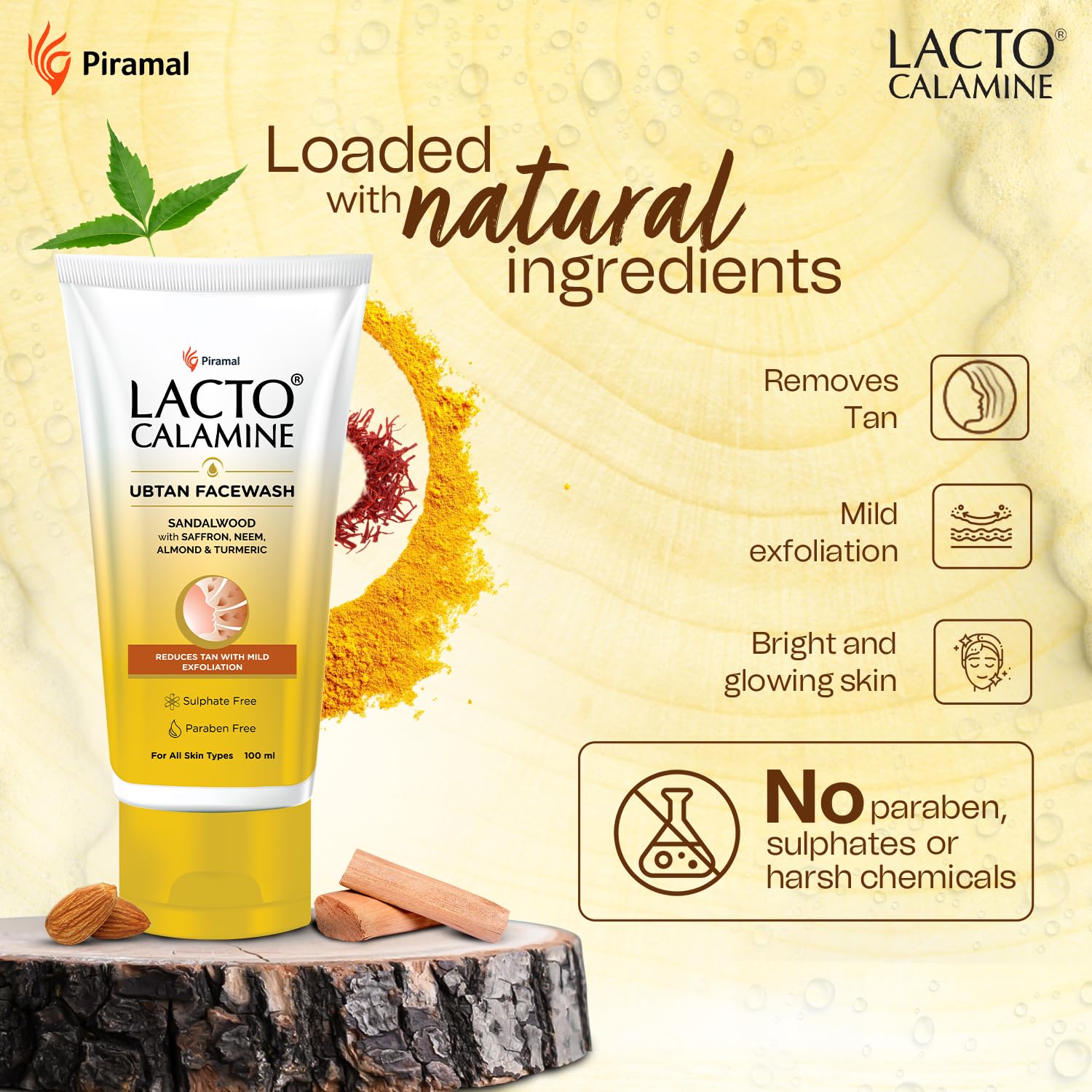 Lacto Calamine Ubtan Face Wash for Glowing Skin - Natural Face Wash with Sandalwood, Saffron, Neem, Almond & Turmeric | Exfoliating & Tan Removal | Sulphate & Paraben Free | 100ml (Pack of 2) | Perfect for Daily Skincare & Brightening Dull Complexion