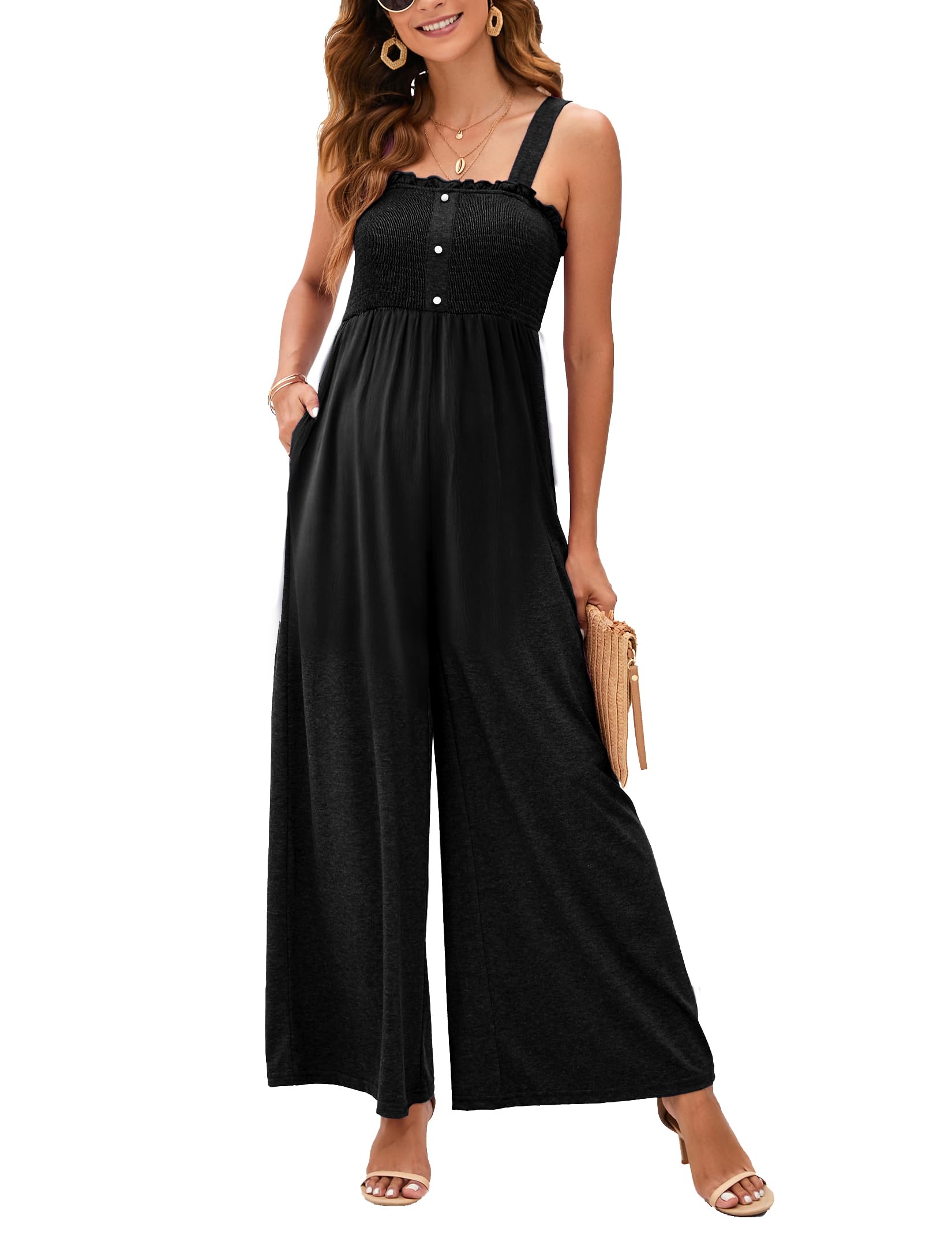 KOJOOIN Women's Maternity Sleeveless Smocked Jumpsuit - Square Neck Spaghetti Strap Wide Leg Romper with Pockets | Comfortable Pregnancy Outfit for Summer, Casual Wear & Photoshoots