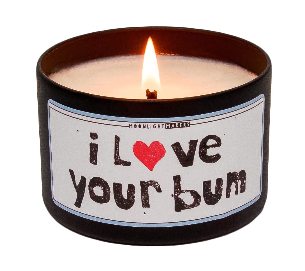 Moonlight Makers I Love Your Bum Candle - Caribbean Teakwood Scented Handmade Soy Wax Candle | 8oz Tin, 25+ Hour Burn Time | Romantic Gift, Home Decor & Relaxation Aroma for Bedroom, Bathroom & Living Spaces