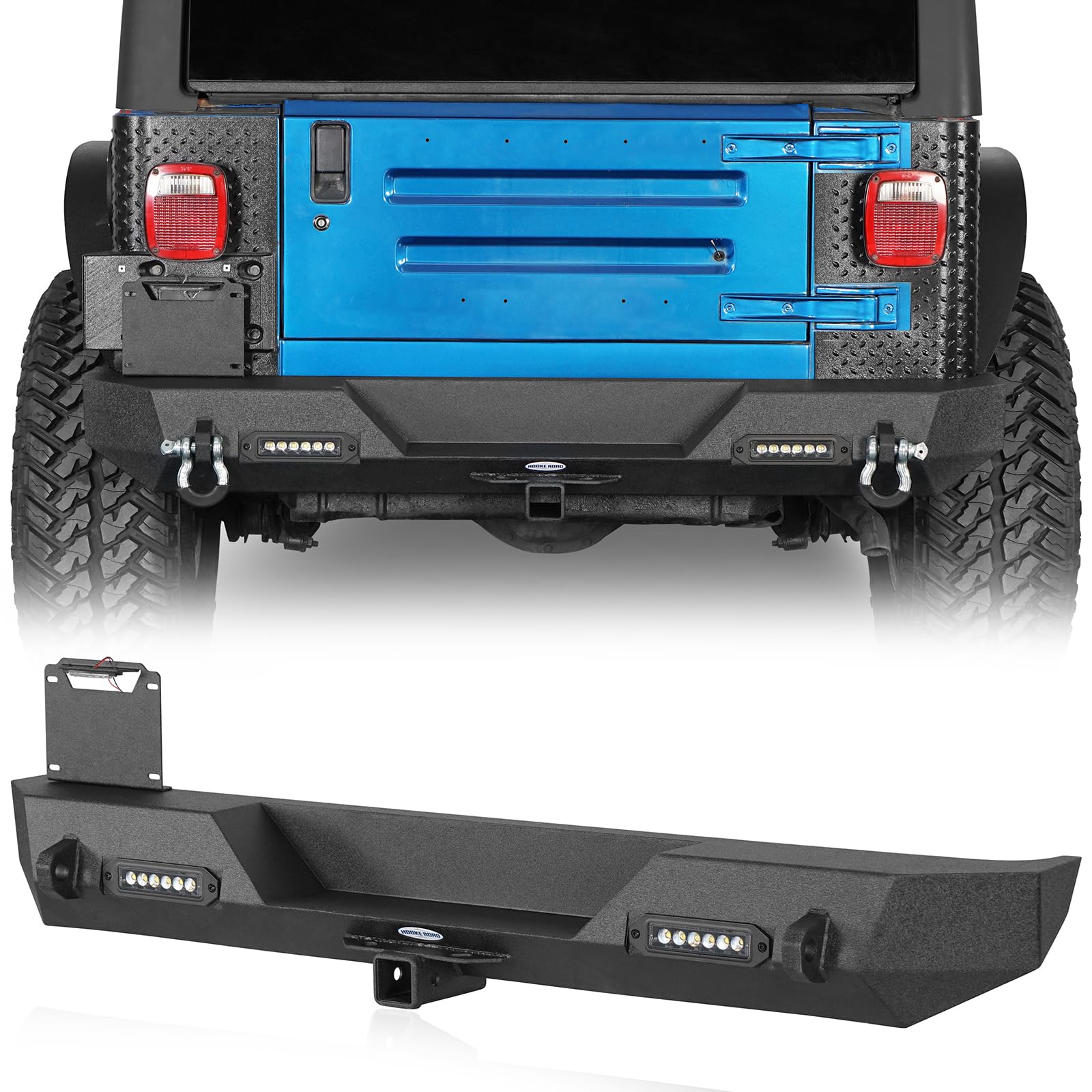 1997-2006 Jeep Wrangler YJ & TJ Textured Black Steel Rear Bumper with D-Rings, Receiver Hitch & LED Lights - Heavy Duty Off-Road Rock Crawler Bumper for Trail Riding & Adventure