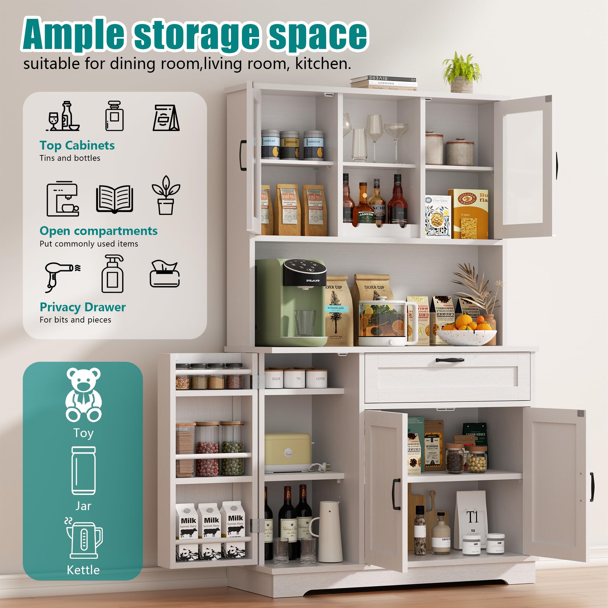 Modern White Tall Kitchen Pantry Cabinet with Hutch & Microwave Stand - Glass Door Storage for Coffee Bar, Dining Room - Perfect for Small Spaces & Kitchen Organization