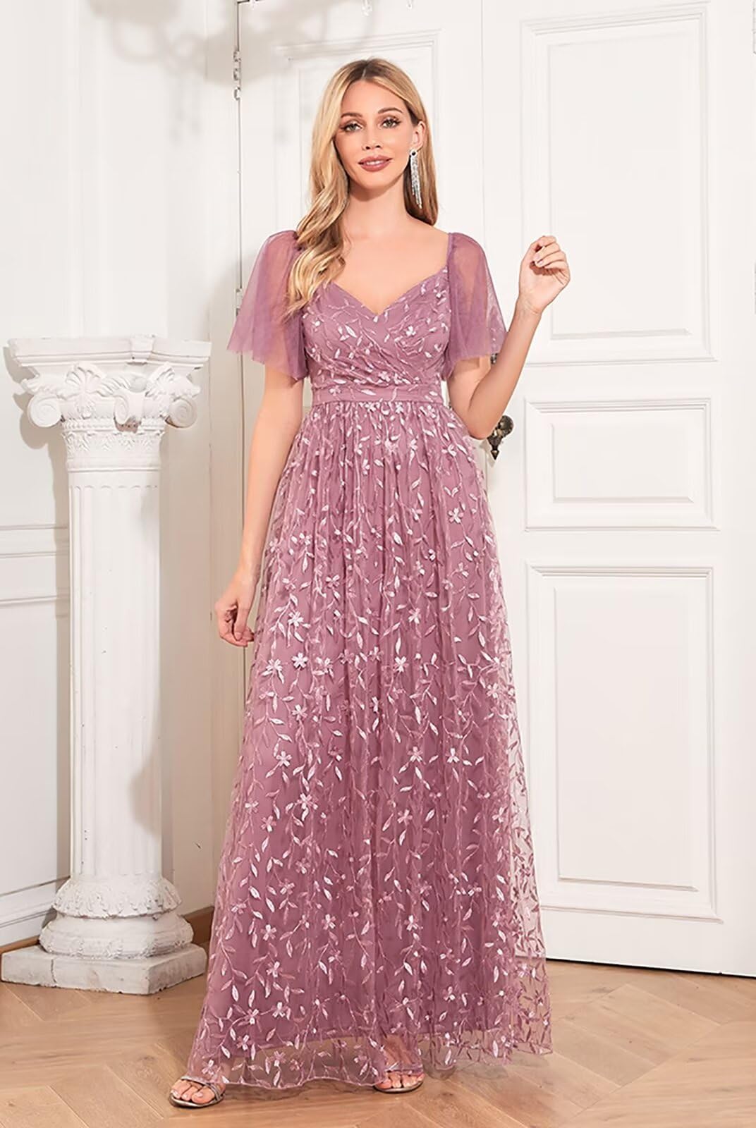 Elegant Lace Tulle Formal Evening Gowns for Women 2025 - Puffy Sleeve V-Neck A-Line Bridesmaid Dresses (Style NA74) | Perfect for Weddings, Proms & Special Occasions