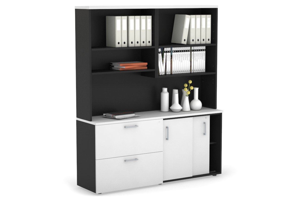2-Door Sliding Credenza with 2 Drawers & Open Hutch - Modern Office Storage Cabinet for Files, Supplies & Decor - Perfect for Home Office, Conference Rooms & Workspaces