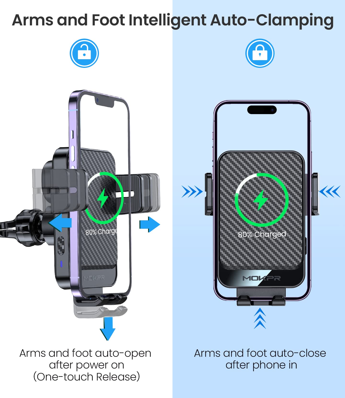 MOKPR 15W Fast Wireless Car Charger - Auto-Clamping Universal Car Mount for iPhone 16/15/14/13/12, Samsung S23/S22/S21 - Hands-Free Charging for Dashboard, Windshield & Air Vent - Perfect for Commuting, Road Trips & GPS Navigation