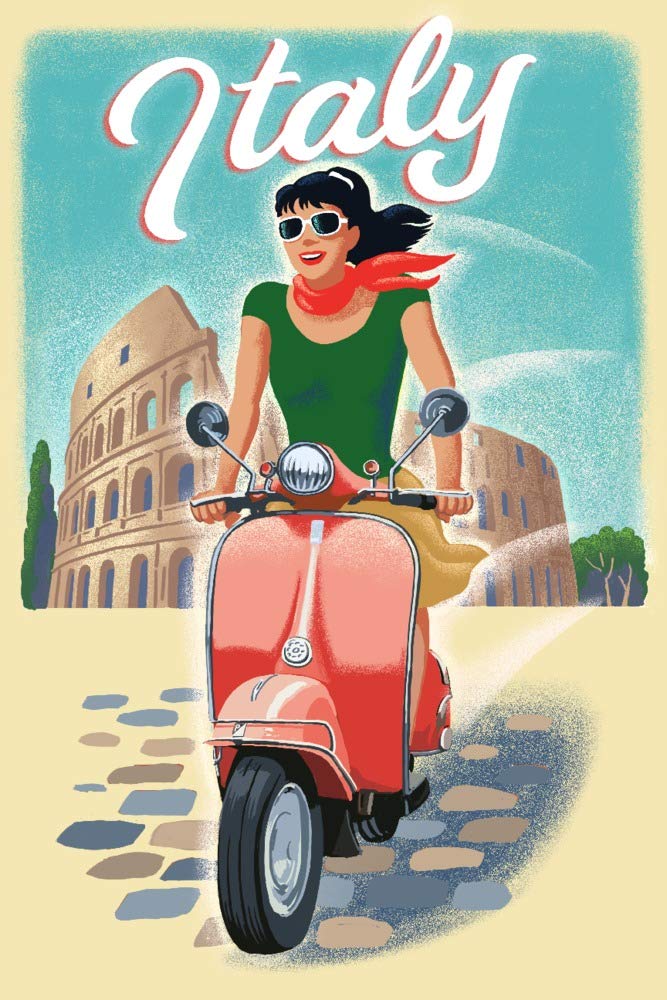 24x36 Italy Woman on Scooter Metal Wall Art - Premium Aluminum Decor for Living Room, Bedroom & Office - Gallery Quality Italian Themed Home Décor
