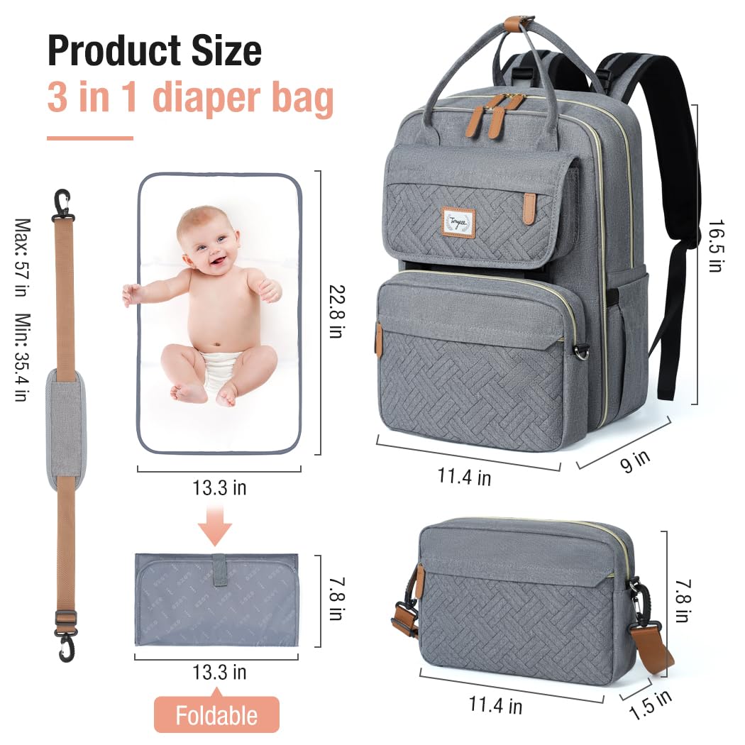 Waterproof Diaper Backpack Set with Removable Crossbody Bag & Changing Pad - Large Capacity Baby Travel Backpack for Women & Men (Grey) - Perfect for Daycare, Travel & On-the-Go Parenting