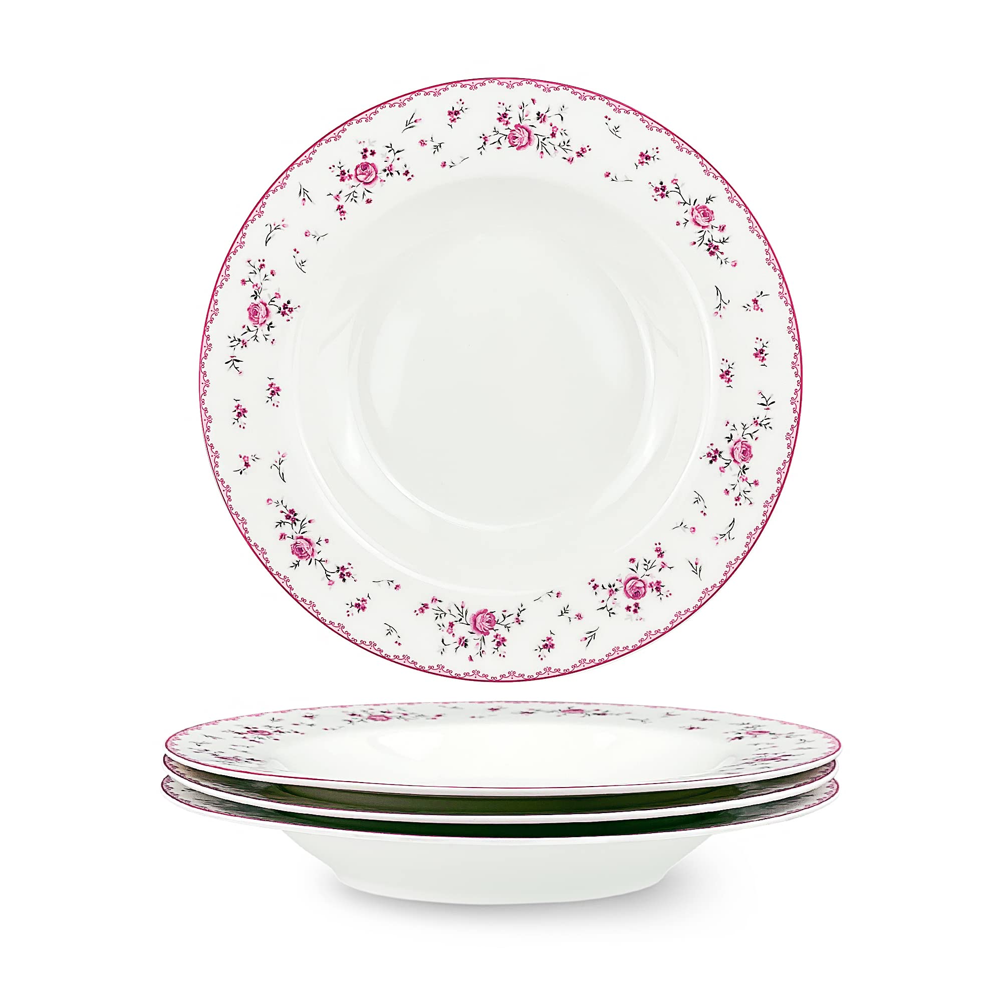 Fanquare 8 Inch Porcelain Soup Bowls Set of 4 - Round Pasta Plates for Salad, Dessert, Snack - Pink Roses Floral Design - Perfect for Dining, Entertaining, and Gift Giving