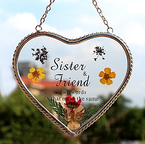 Heart Suncatcher with Pressed Flower Wings - Stained Glass Window Decor for Sister, Women & Mother's Day Gifts - Perfect for Home, Office & Nursery Decor