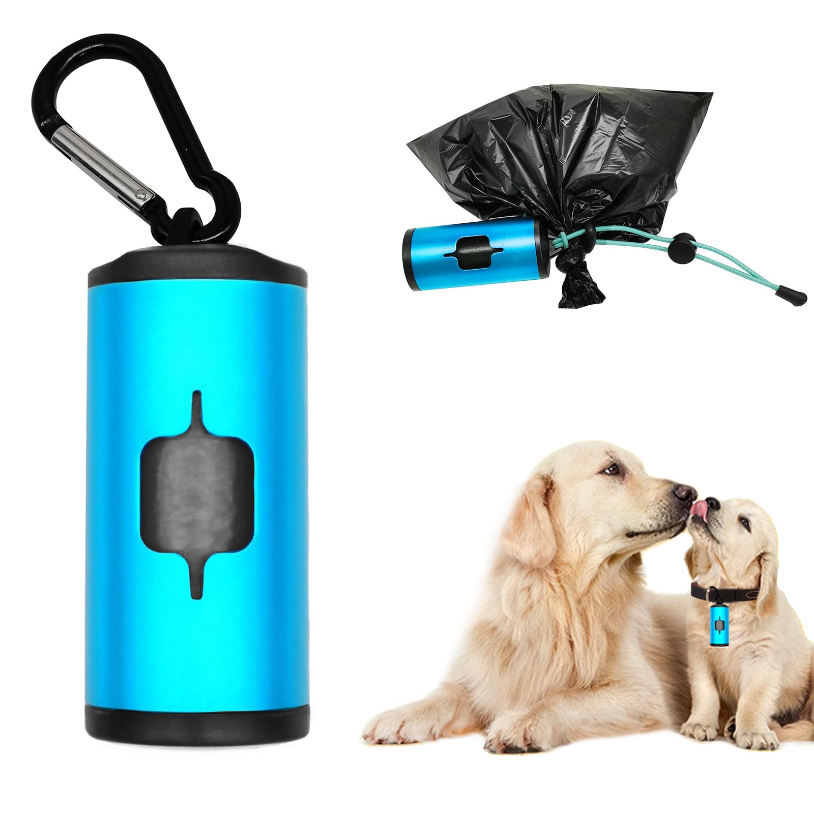 Durable Aluminum Dog Poop Bag Holder with Carabiner Clip - Metal Pet Waste Dispenser with Hook & Loop Fastener & Elastic Cord - Includes 15 Bags - Perfect for Walking, Hiking & Outdoor Pet Cleanup