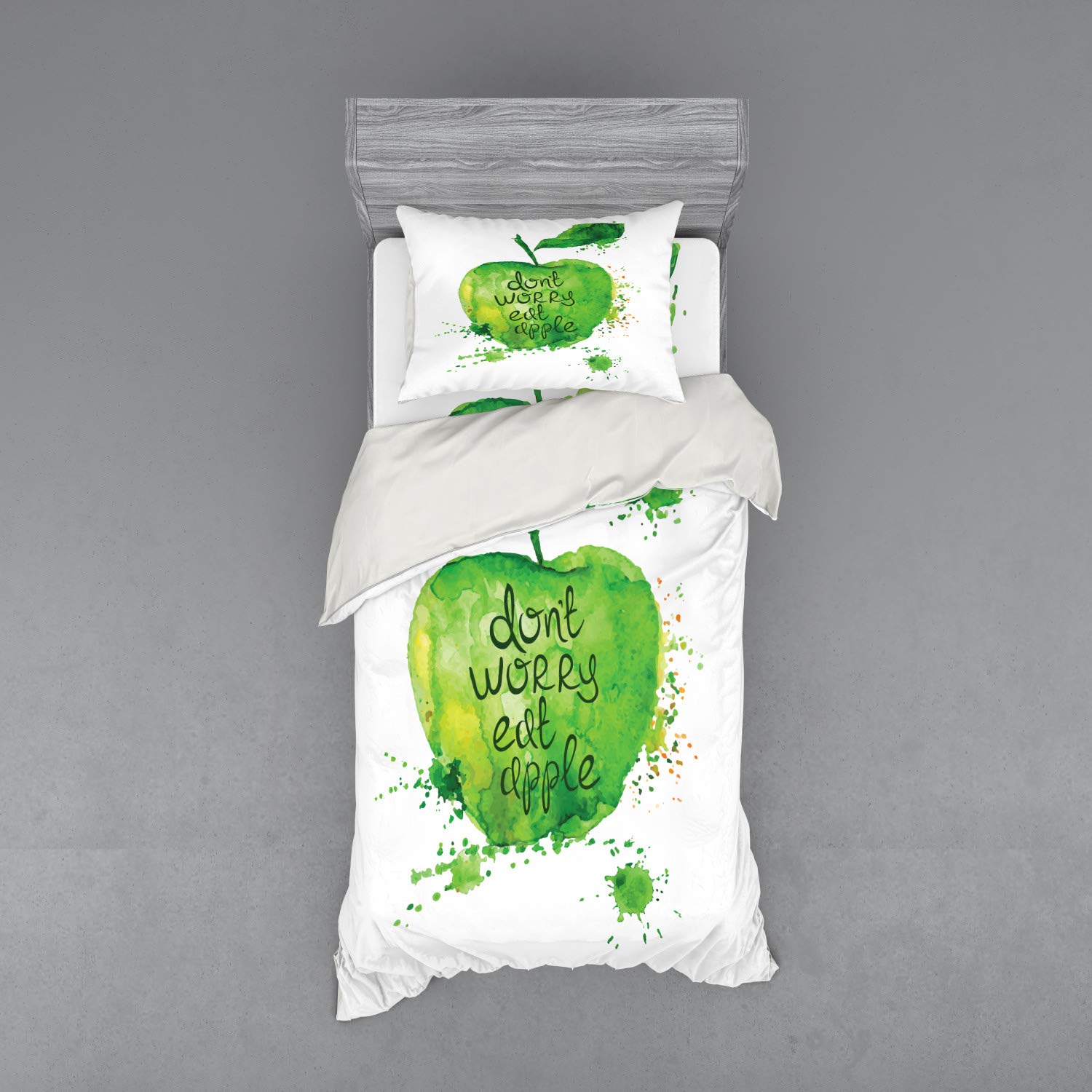 Ambesonne 3-Piece Twin Size Duvet Cover Set - Watercolor Green Apple Design with Hand-Drawn Brush Strokes & 