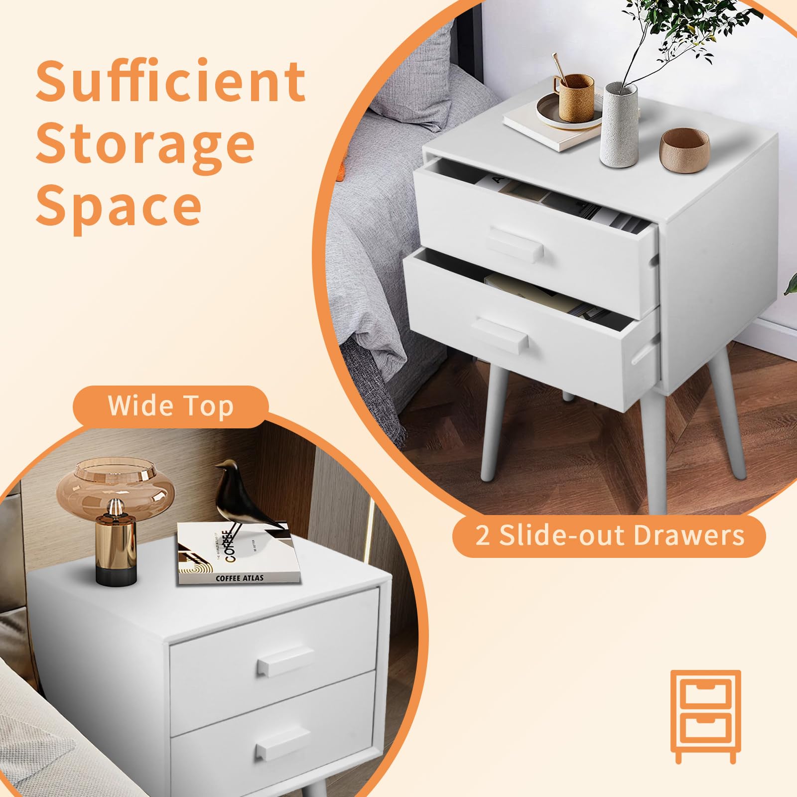 Urbanest Hartford Two Drawer Nightstand - Cream White Bedside Table for Small Spaces, Bedroom Furniture with Storage | Perfect for Apartments, Dorms & Guest Rooms