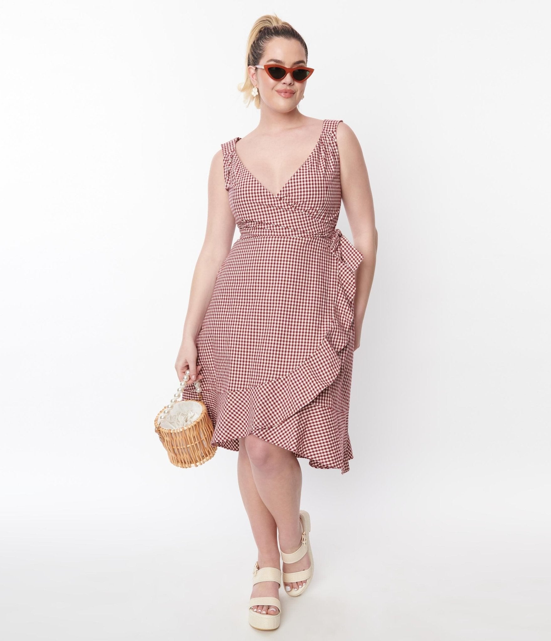 Stylish Red & White Gingham Faux Wrap Dress for Women | Flattering Summer Dress for Casual Outings, Beach Vacations & Date Nights