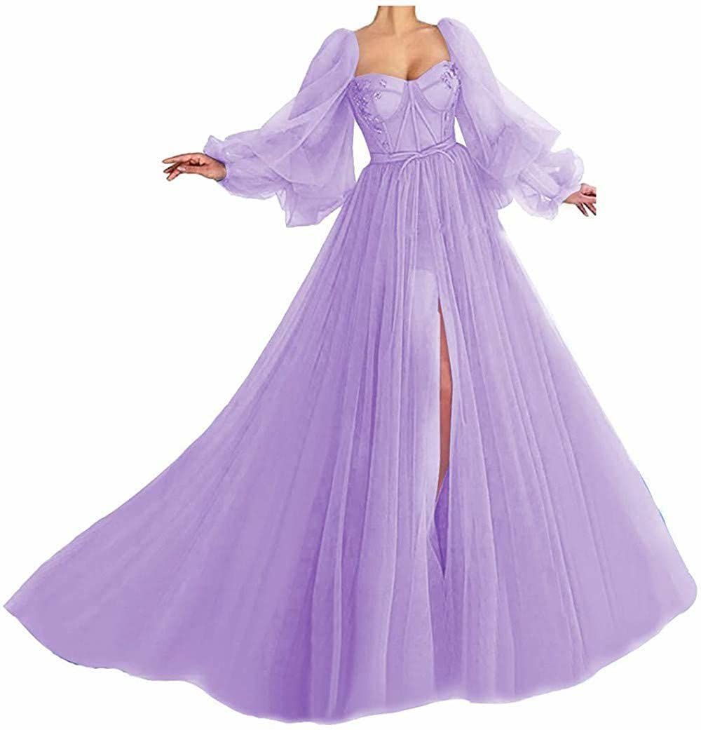 Elegant Puffy Sleeve Prom Dress with High Slit | Long Tulle Ball Gown Sweetheart Neckline Formal Evening Gown | Perfect for Homecoming, Prom Night, Wedding Guest & Black Tie Events CA24