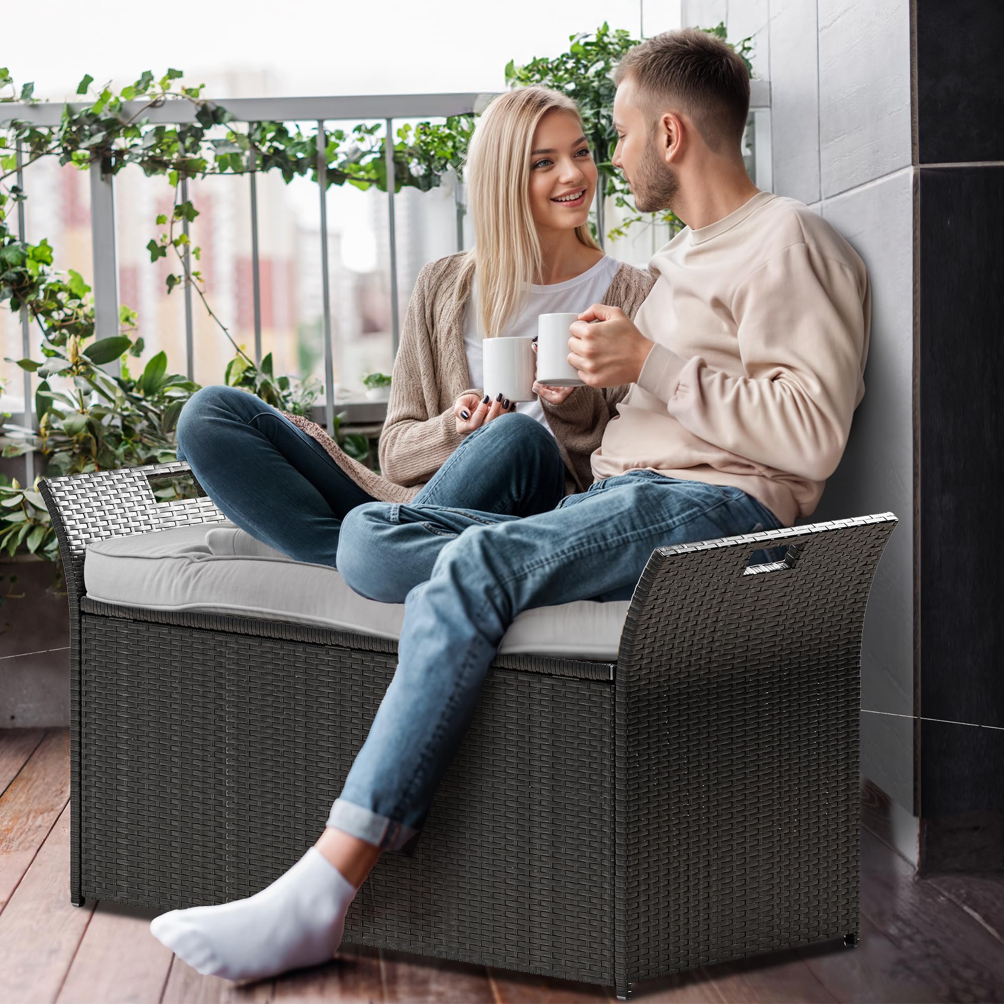 **YITAHOME 90 Gallon Outdoor Wicker Storage Bench with Cushion – Large PE Rattan Deck Box with Handles & Hydraulic Lid – Perfect for Patio Furniture, Cushions, Garden Tools, Pool & Sports Equipment – Black & Grey – Ideal for Backyard, Deck, and Poolside Storage**