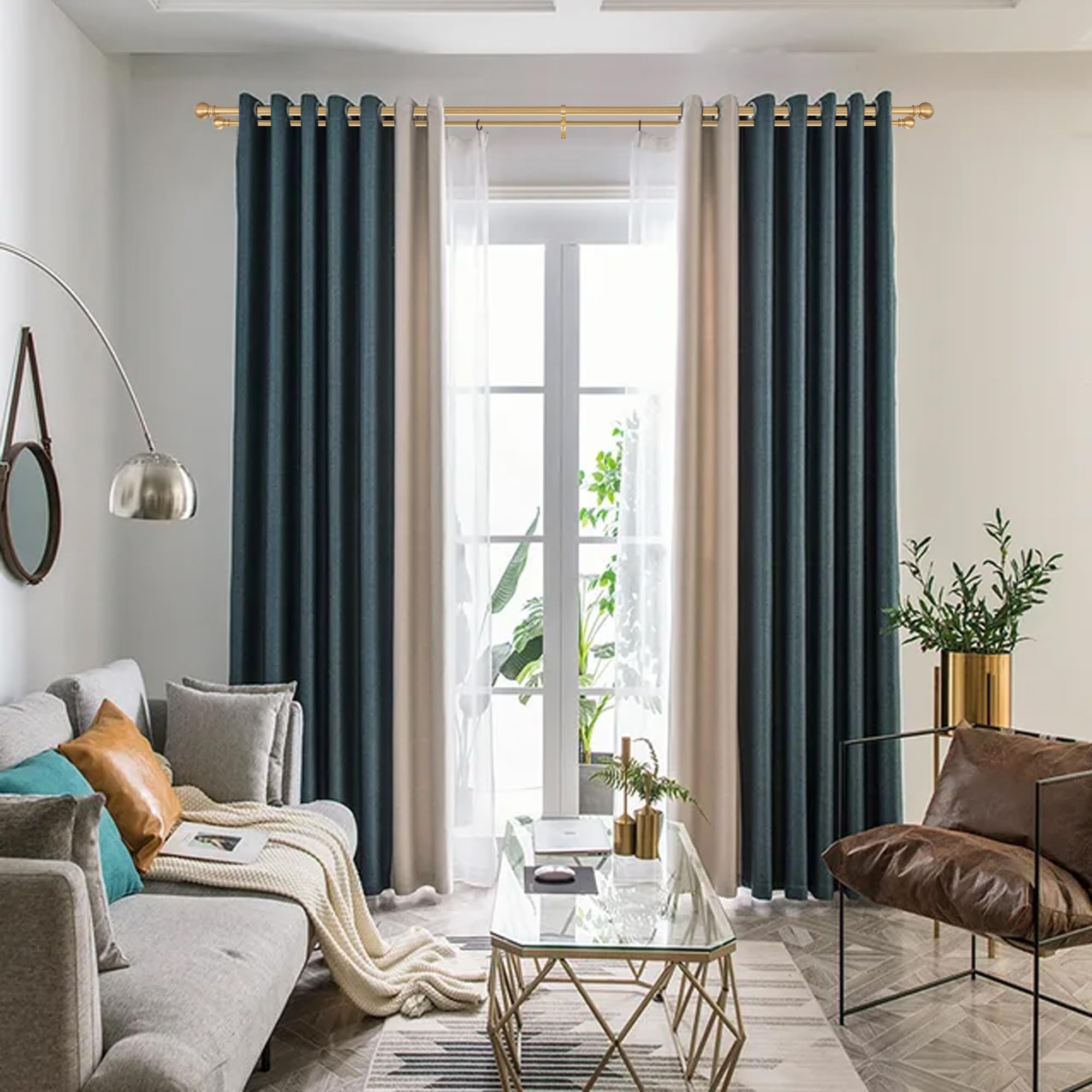 72-144 Inch Adjustable Warm Gold Double Curtain Rod Set - 1’’ Front & 5/8’’ Back Drapery Rod with Small Round Ball Finials & Aluminum Brackets for Sheer/Blackout Curtains - Perfect for Living Room, Bedroom & Bay Windows