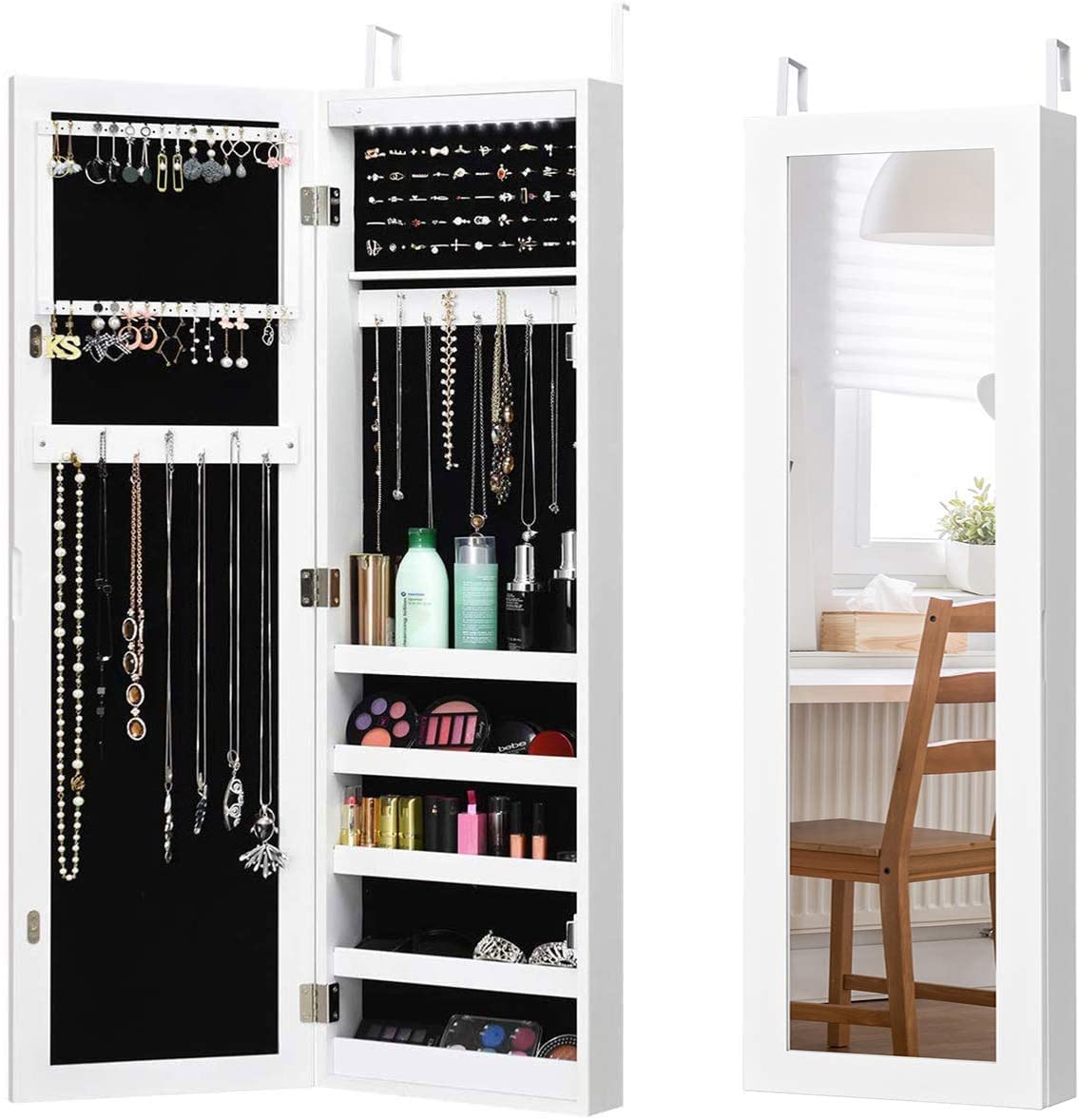 Byroce Jewelry Armoire Cabinet with Full Length Mirror - Lockable Over The Door Jewelry Organizer with 12 LED Lights for Women & Girls - Perfect for Bedroom, Closet or Dressing Room Organization