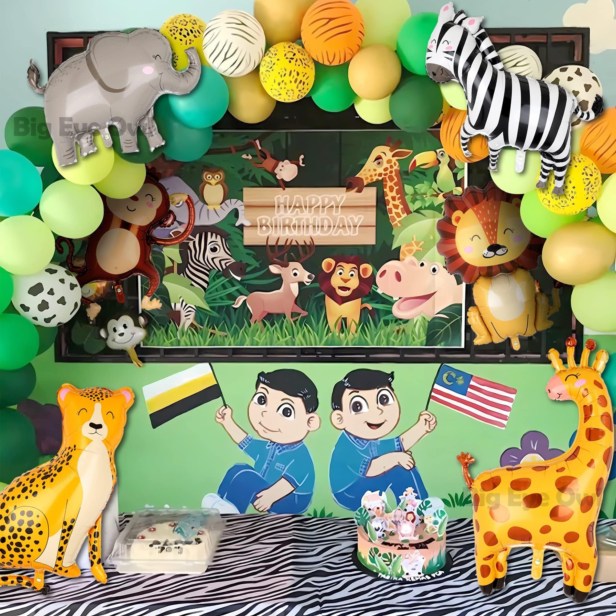 Wild One Safari Animal Balloons - Giant Jungle Themed Balloon Decor for Boys Birthday Party (Zebra, Elephant, Giraffe, Monkey) - Perfect for Zoo Theme Parties, Baby Showers & Safari Decorations
