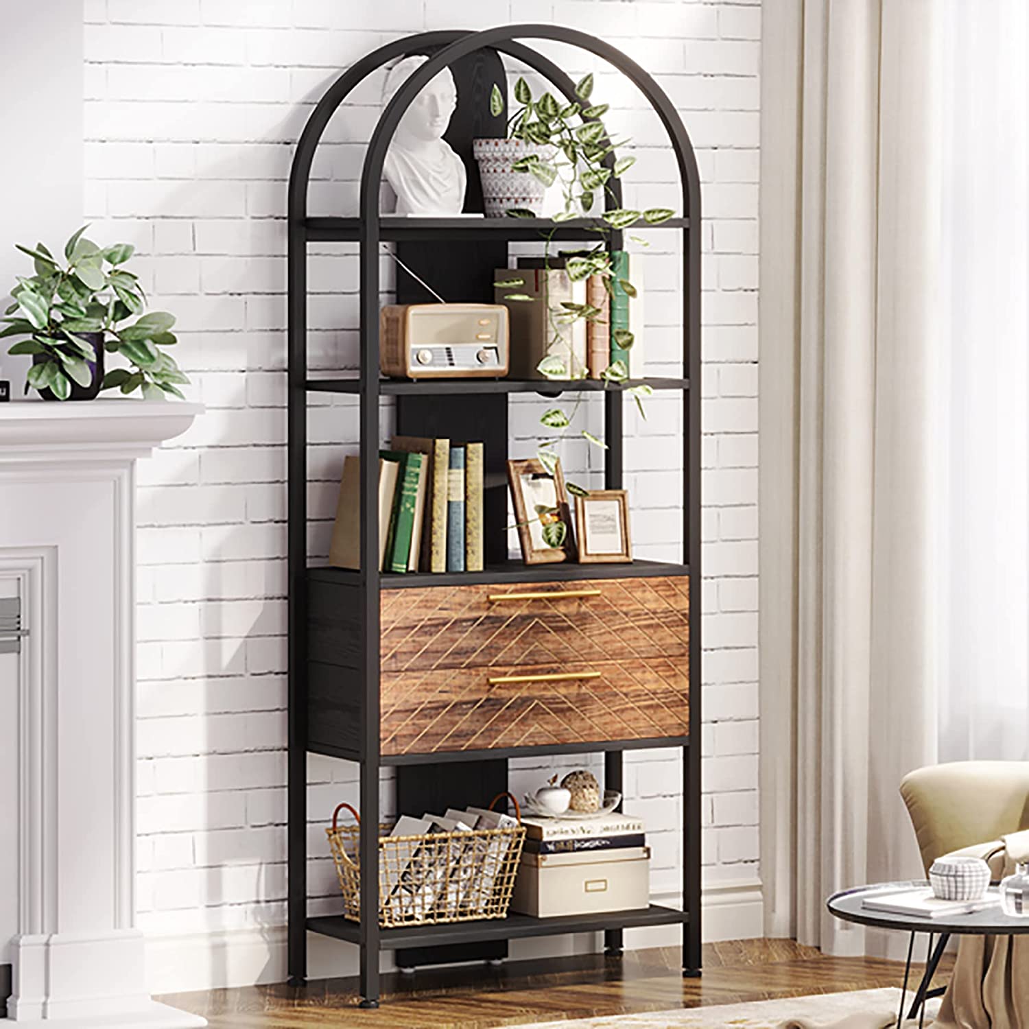 4-Tier Industrial Bookshelf with 2 Storage Drawers & LED Lights - Sturdy Metal Bookcase for Living Room, Office, or Bedroom Organization