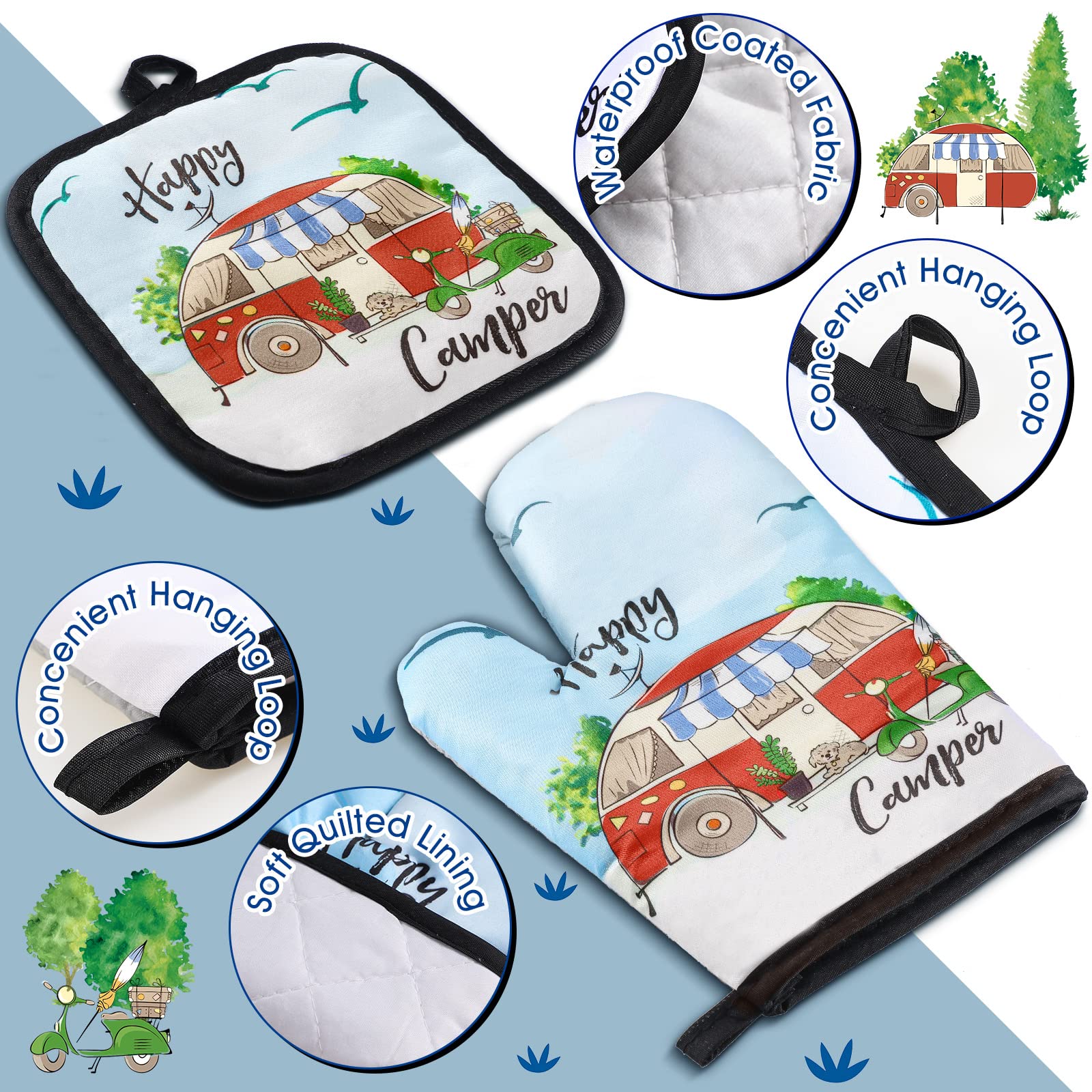 4-Piece Camping Dish Towels, Pot Holders & Oven Mitts Set - Soft, Absorbent RV Kitchen Towels for Camper, Dish Cloths & Hand Towels - Perfect for Outdoor Cooking, RV Trips & Picnics