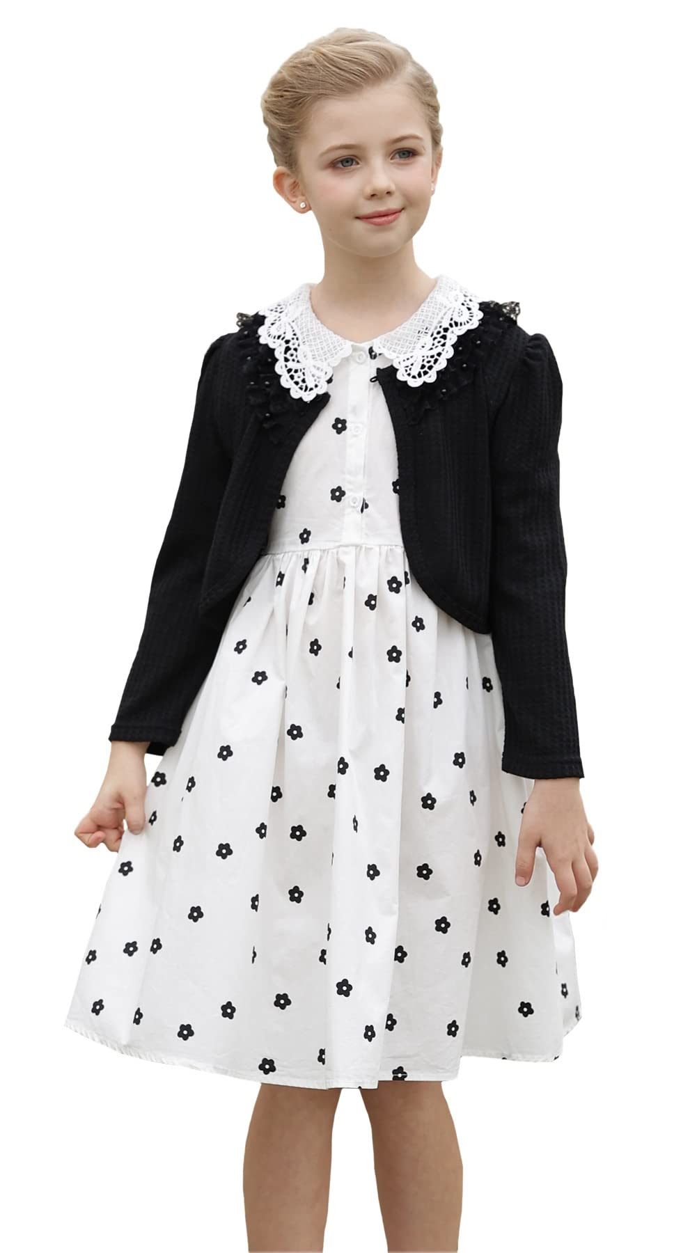 SMILING PINKER Girls' Long Sleeve Lace Bolero Cardigan Shrug - Waffle Knit Cropped Top for Toddler & Kids - Perfect for Weddings, Parties & Photo Shoots